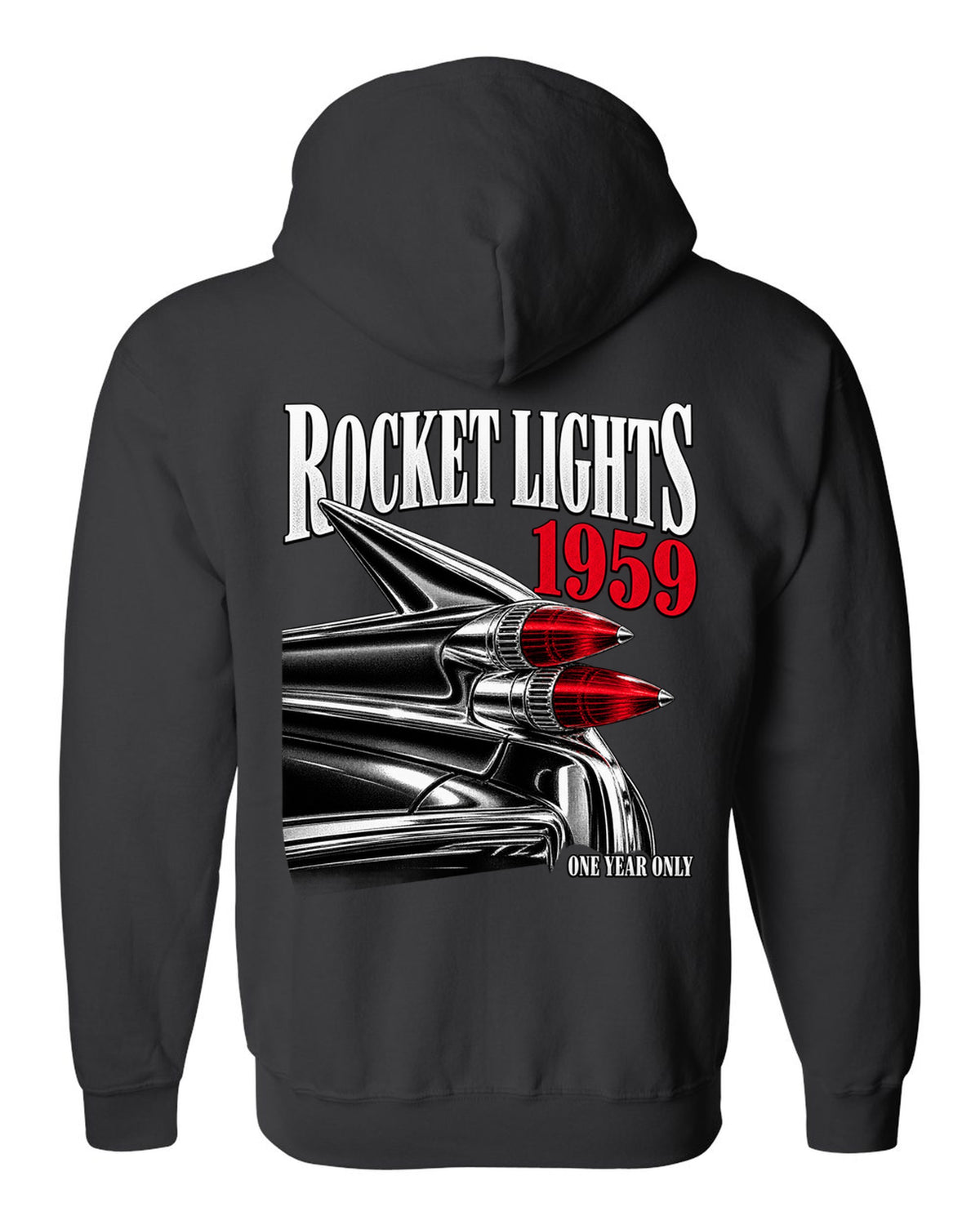 print macro of the rocket taillights on a 1959 Cadillac Series 62 Coupe de Ville black zip hoodie back view with the design
