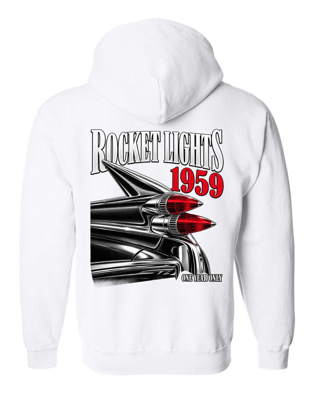 print macro of the rocket taillights on a 1959 Cadillac Series 62 Coupe de Ville white zip hoodie back view with the design