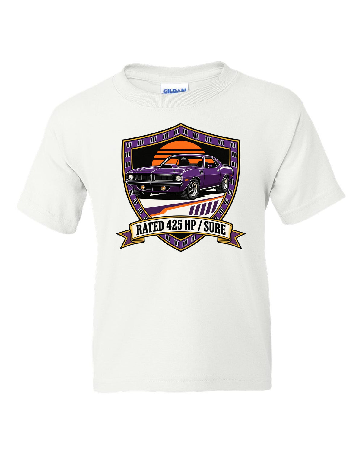 Original shield crest design for a 1970 Plymouth Hemi Cuda with rated 425 HP sure text white kids tee front view with the design