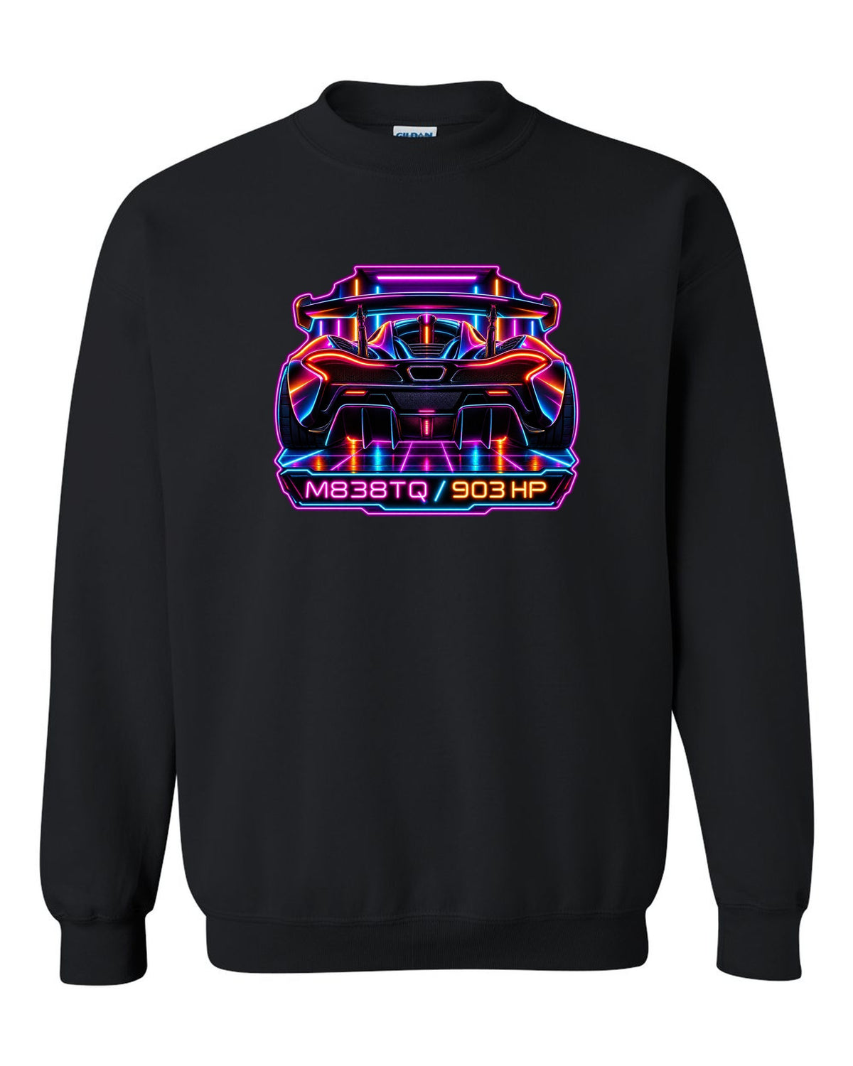 Synthwave neon print of the McLaren P1 with M838TQ and 903 HP lettering black crewneck front view with the design