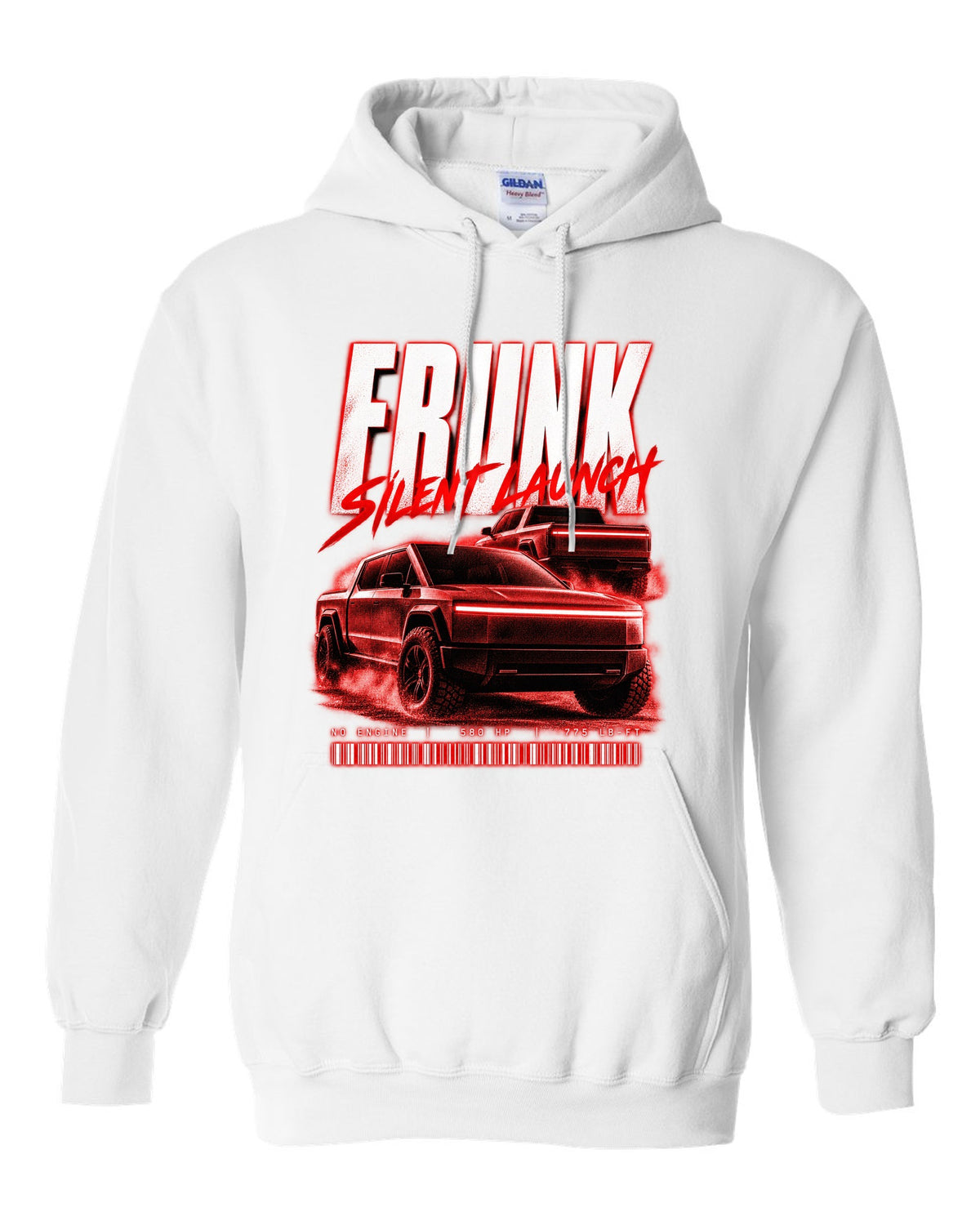 Ford F-150 Lightning EV street poster print with frunk, silent launch and 775 lb-ft white pull over hoodie front view with the design