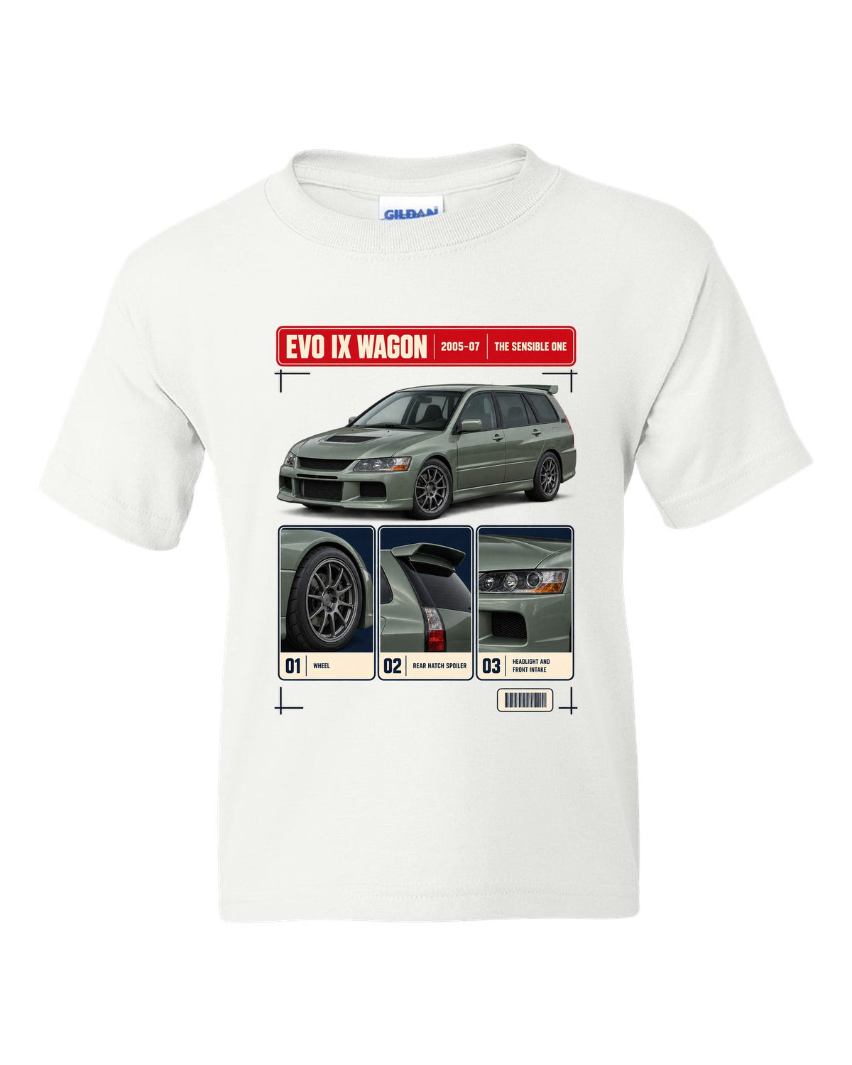 Mitsubishi Lancer Evolution IX Wagon GT three-quarter dossier panel print white kids tee front view with the design