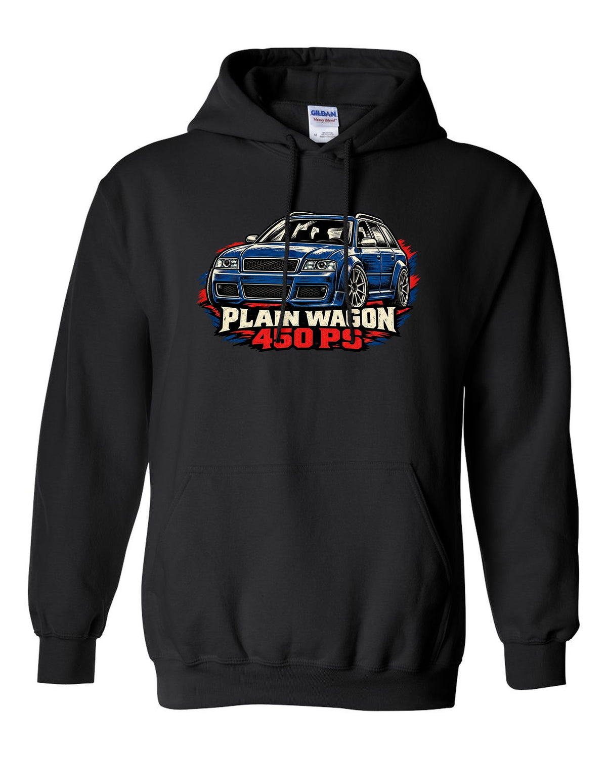 Linocut woodcut design of the Audi RS6 Avant C5 4B with plain wagon and 450 PS lettering black pull over hoodie front view with the design