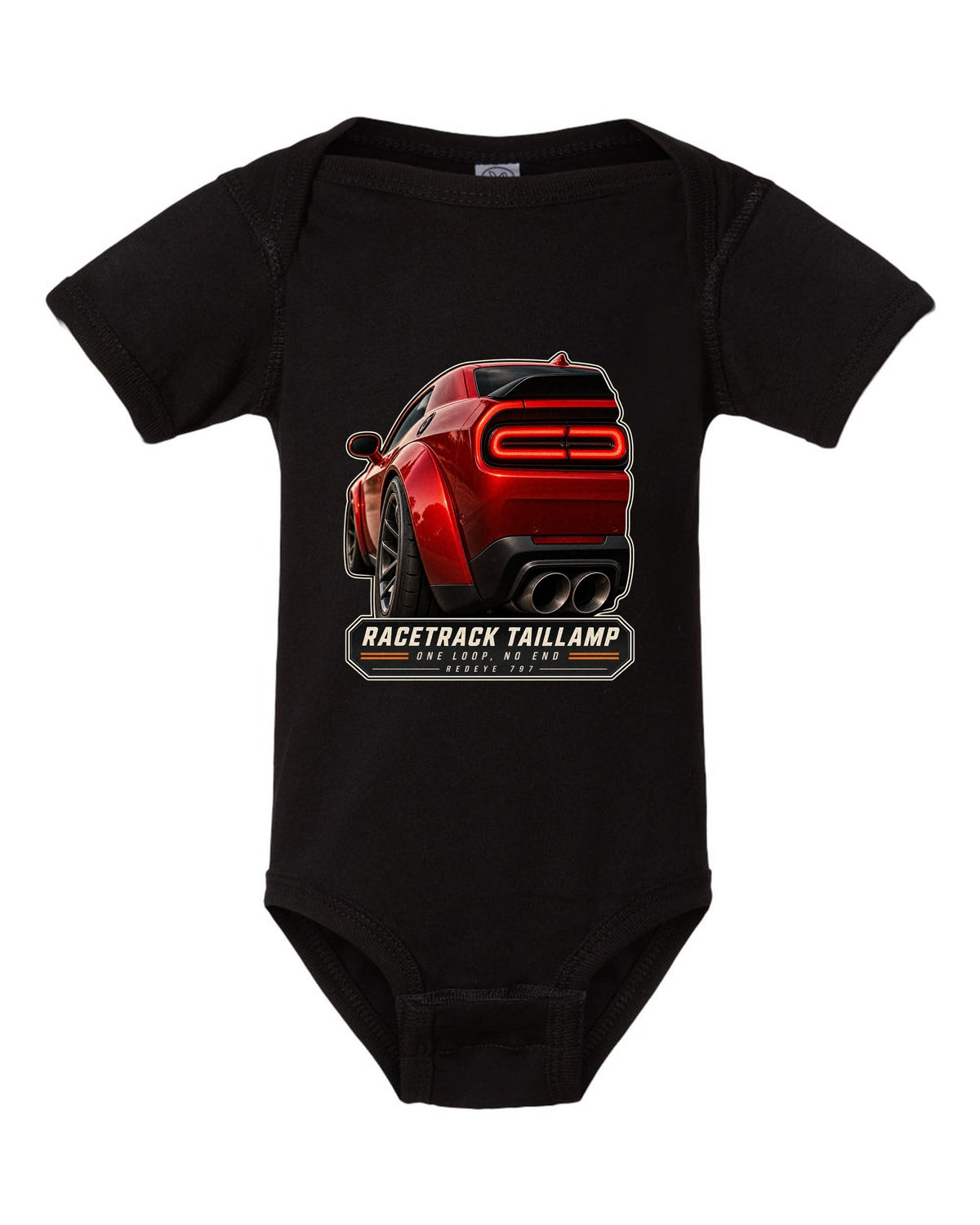 Dodge Challenger Hellcat Redeye Widebody racetrack taillamp macro print black baby onesie front view with the design