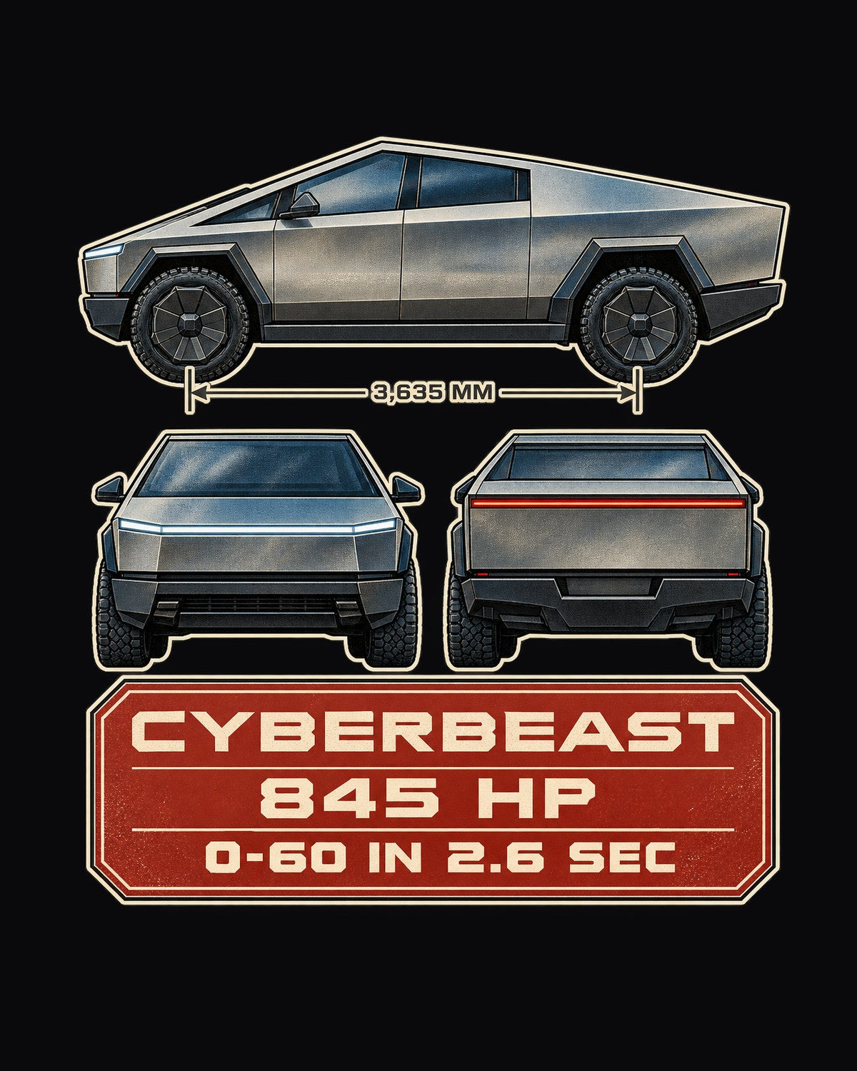 Tesla Cyberbeast Three-View Spec Shirt, Tri-Motor Truck Tee design only