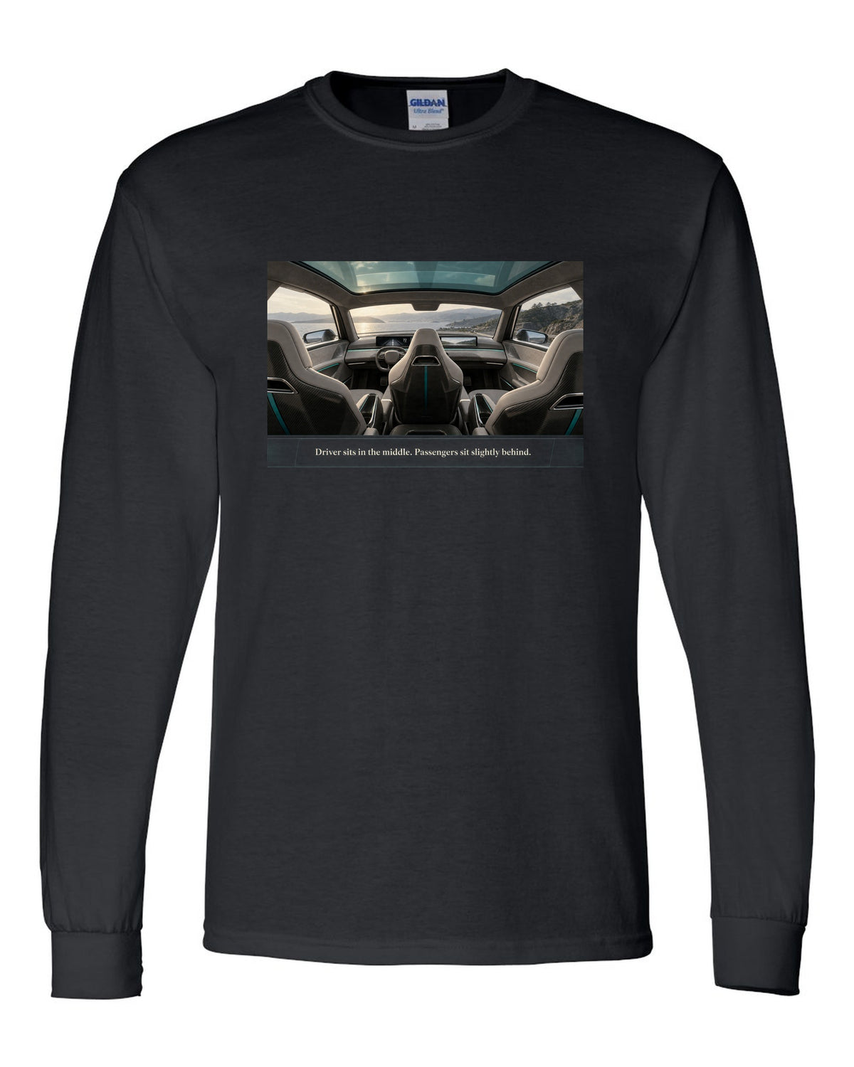 Cockpit print of a McLaren Speedtail interior with a centre driving seat black long sleeve front view with the design
