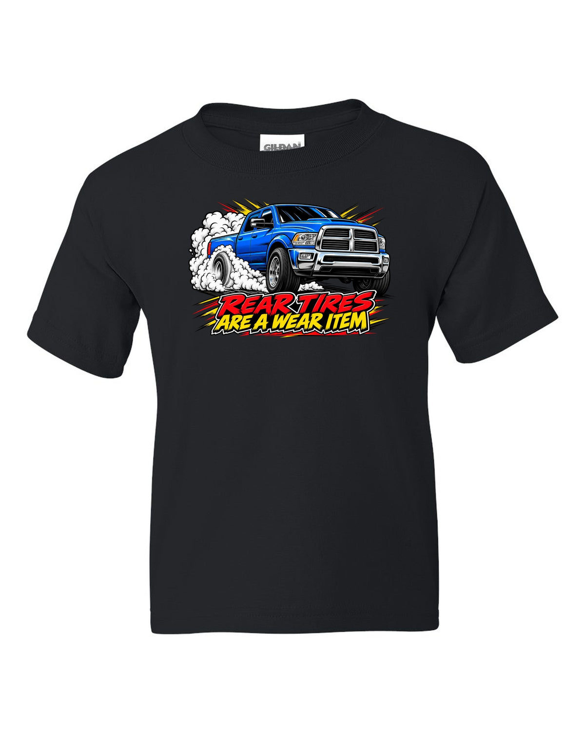 Comic ink burnout print of a 2003-2009 Dodge Ram 2500 5.9 Cummins HO black kids tee front view with the design