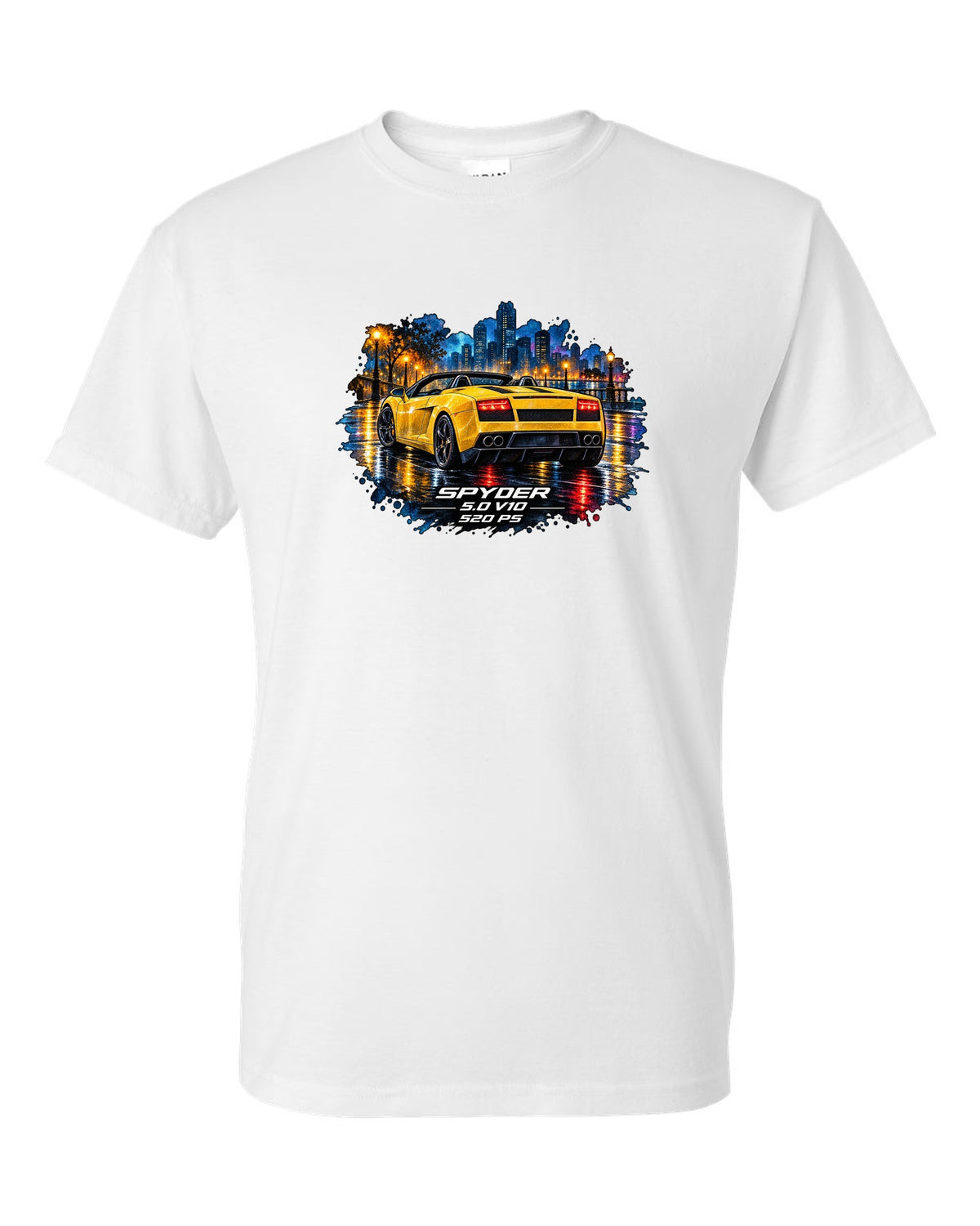 Watercolour wet-road night scene of a Lamborghini Gallardo Spyder with V10 and 520 PS text white t-shirt front view with the design