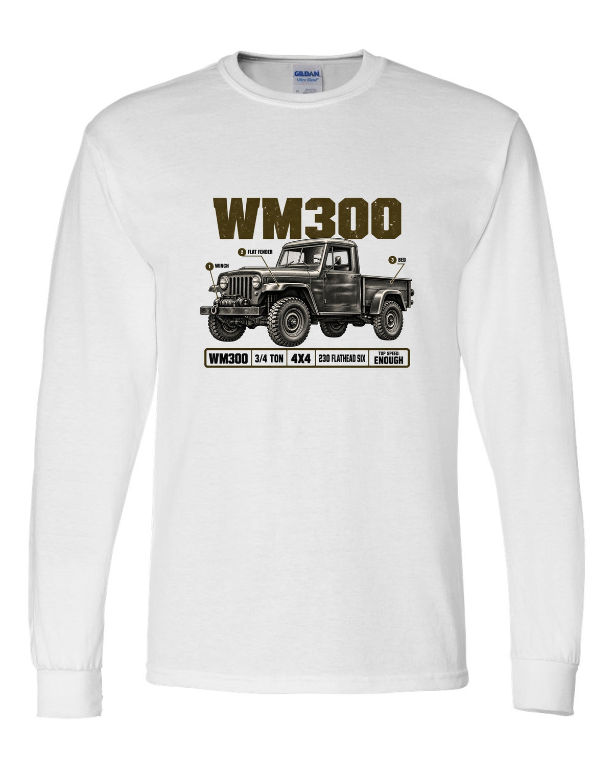 Spec poster print of a 1960-1971 Dodge Power Wagon WM300 flat fender truck white long sleeve front view with the design