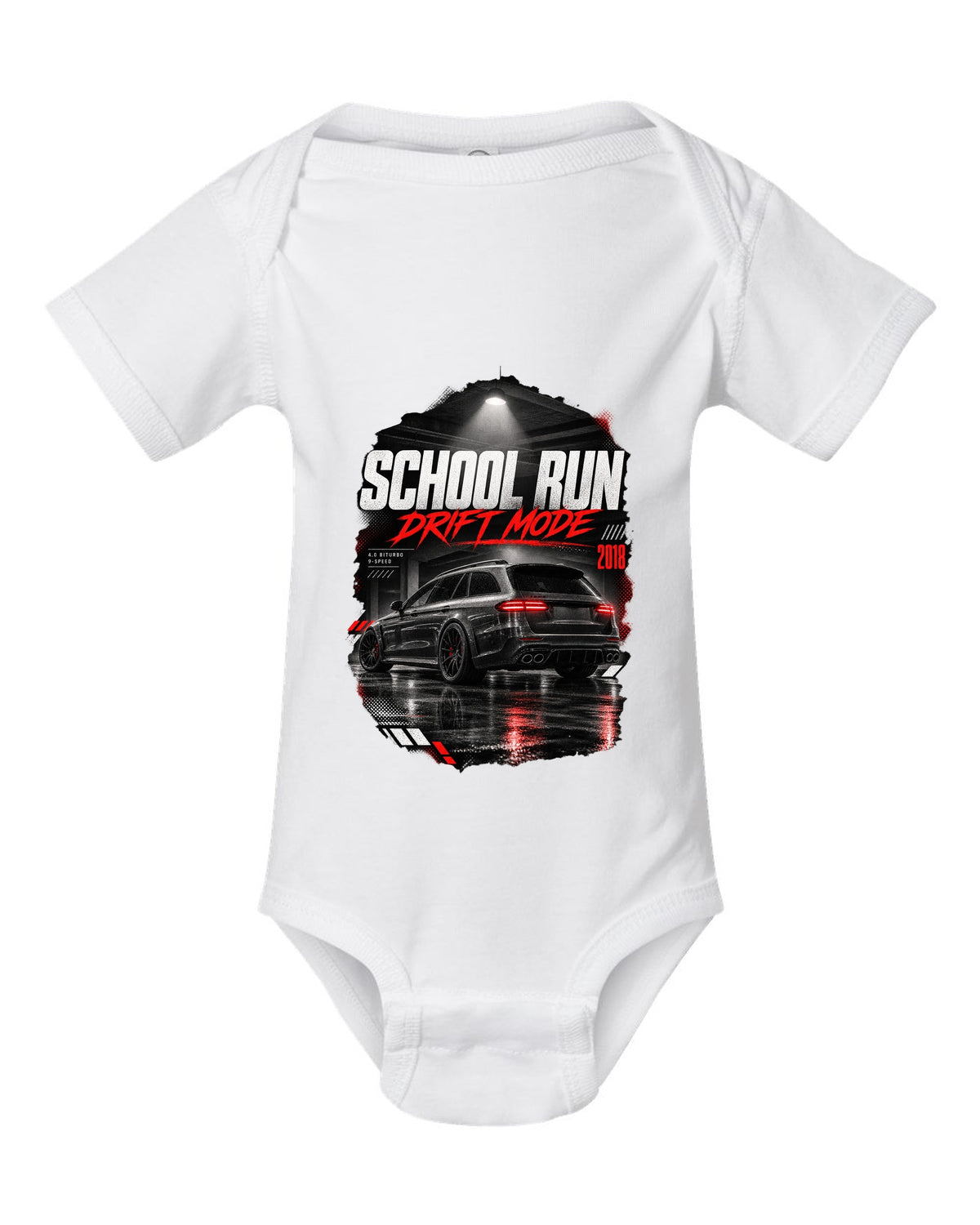 print of a Mercedes E63 S wagon S213 in a night garage with the text School Run / Drift Mode white baby onesie front view with the design