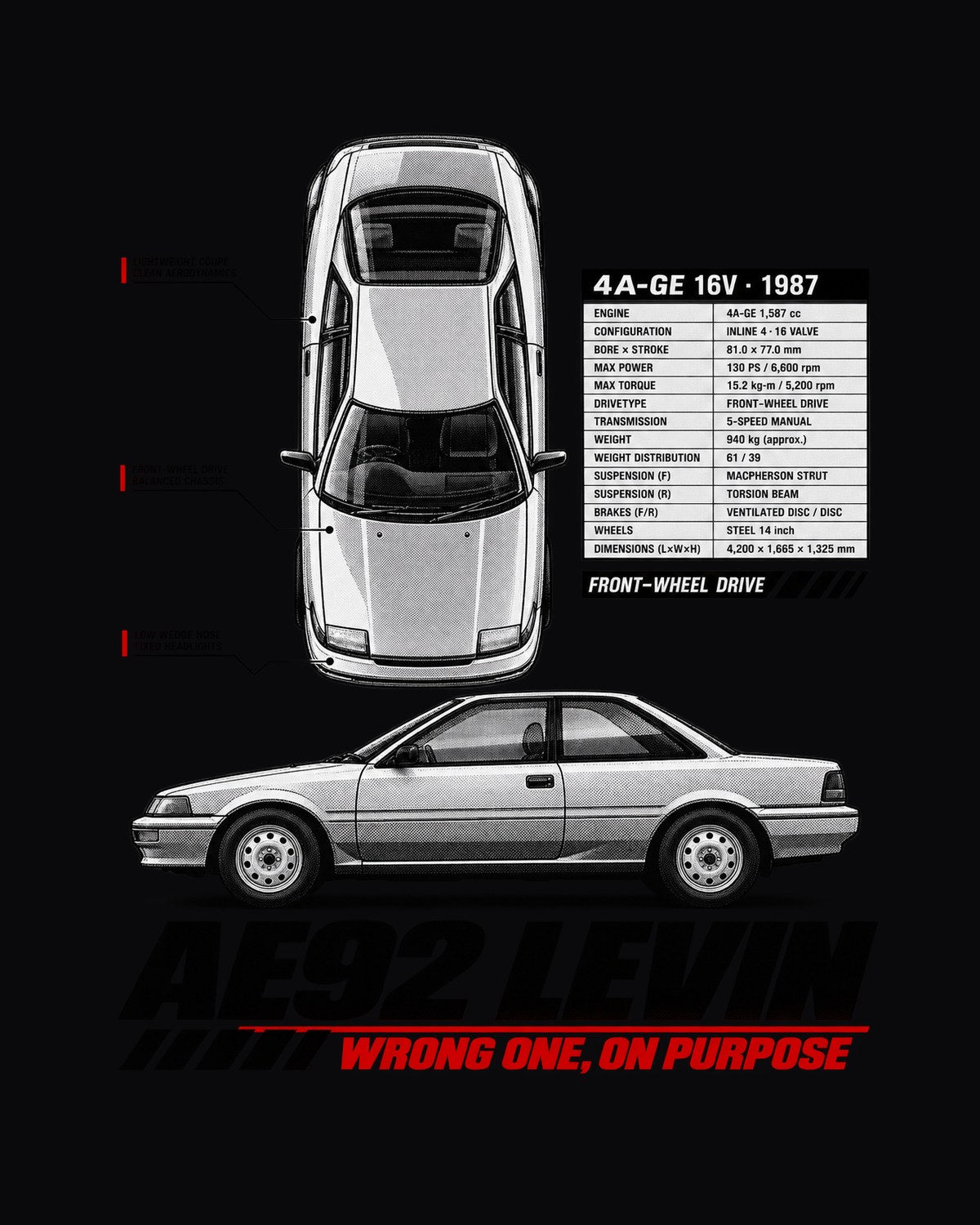 Toyota Corolla Levin AE92 Front-Drive Spec Poster Shirt, 4A-GE design only