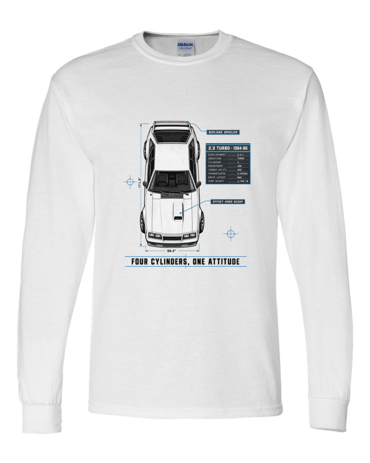 Spec poster print of a 1984-86 Fox Body Mustang 2.3 turbo chback white long sleeve front view with the design