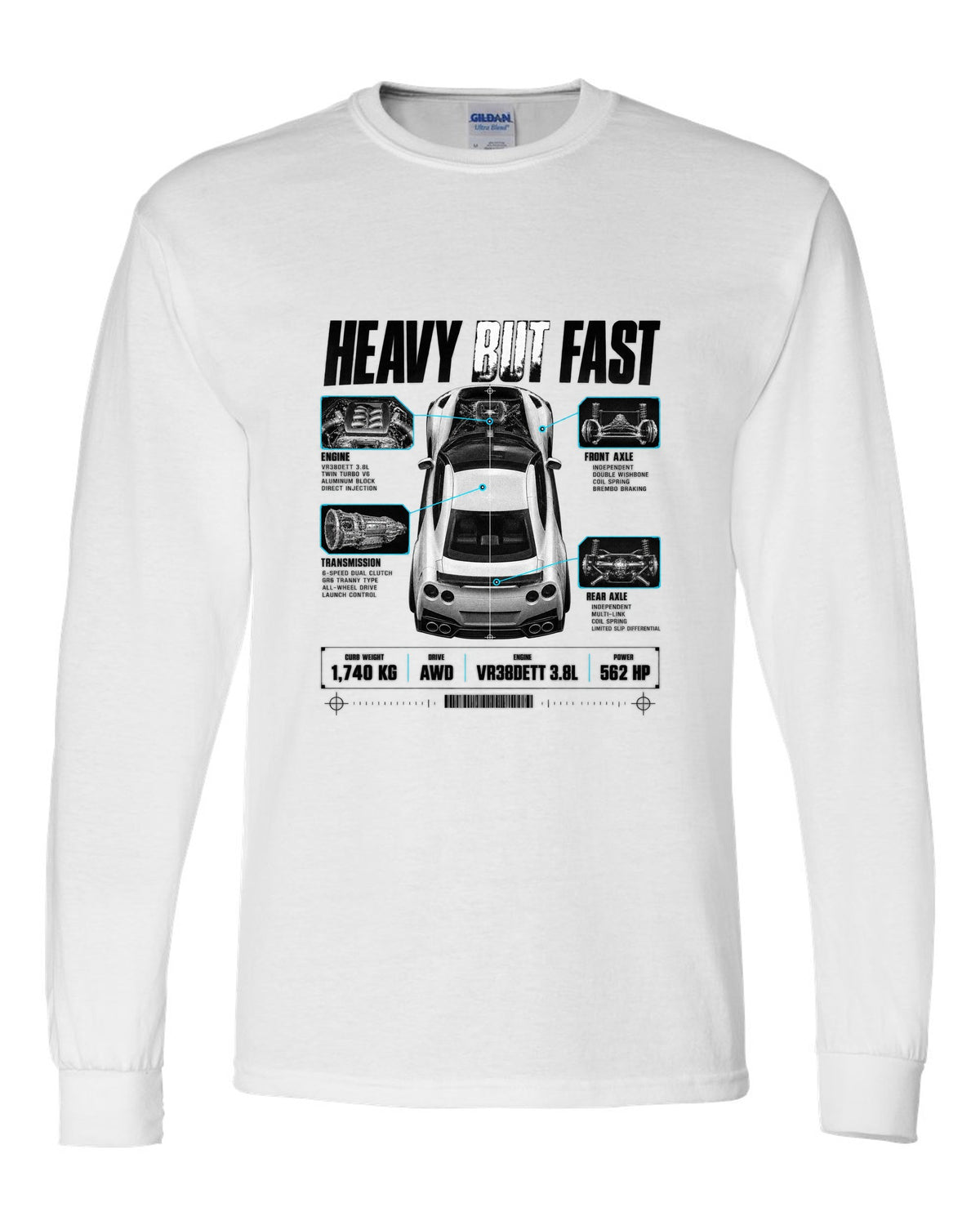 Top-down and profile spec poster of a Nissan GT-R R35 with 1,740 kg curb weight and VR38DETT lettering white long sleeve front view with the design