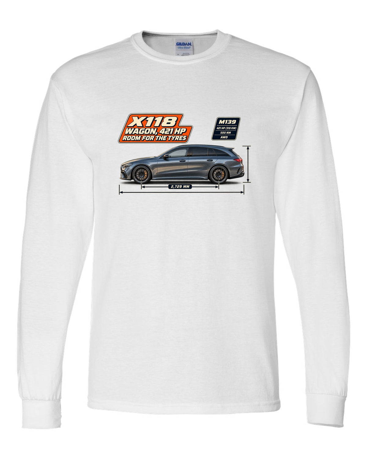 Mercedes-AMG CLA 45 S Shooting Brake X118 wagon spec poster print white long sleeve front view with the design