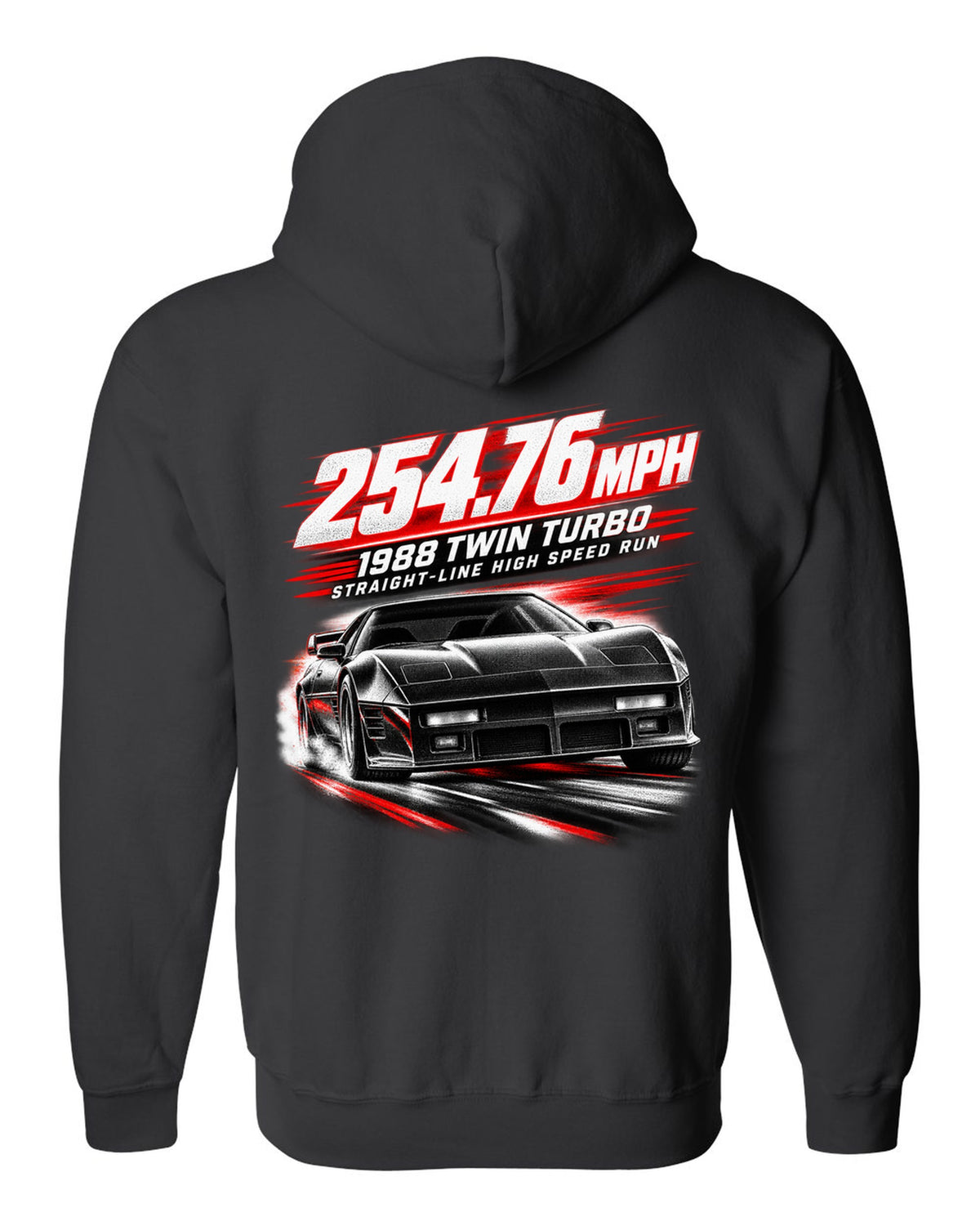 Callaway Sledgehammer 1988 twin-turbo C4 coupe race poster print 254.76 mph black zip hoodie back view with the design
