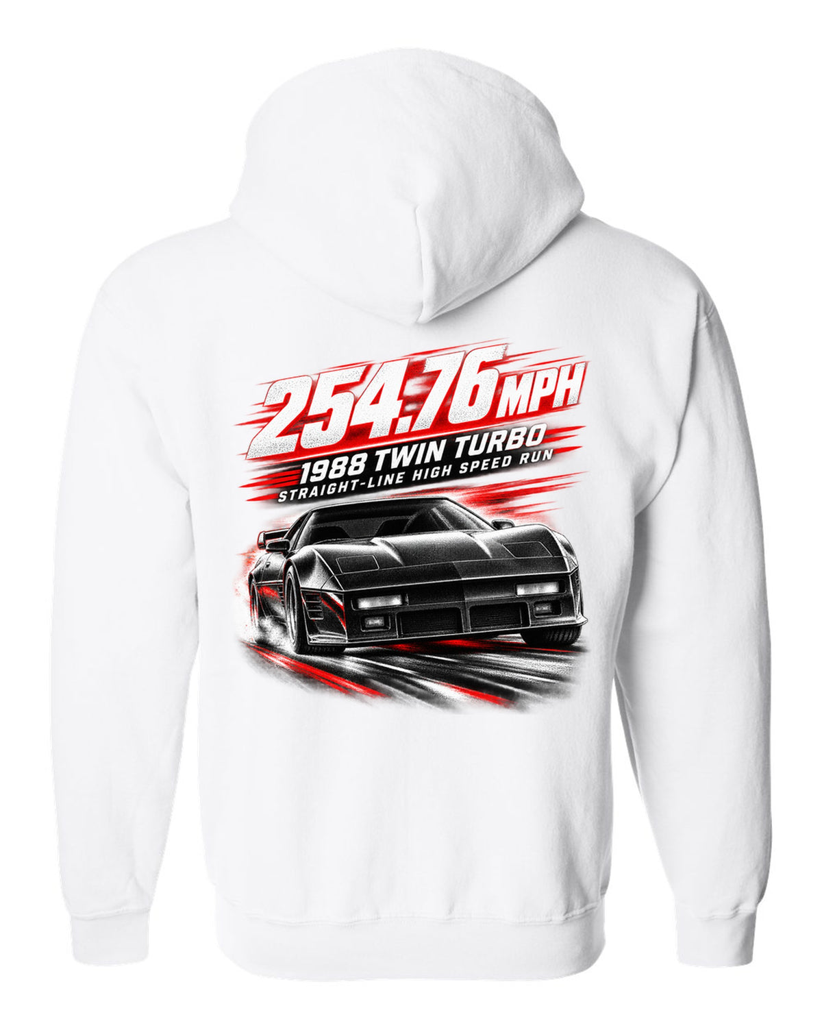 Callaway Sledgehammer 1988 twin-turbo C4 coupe race poster print 254.76 mph white zip hoodie back view with the design