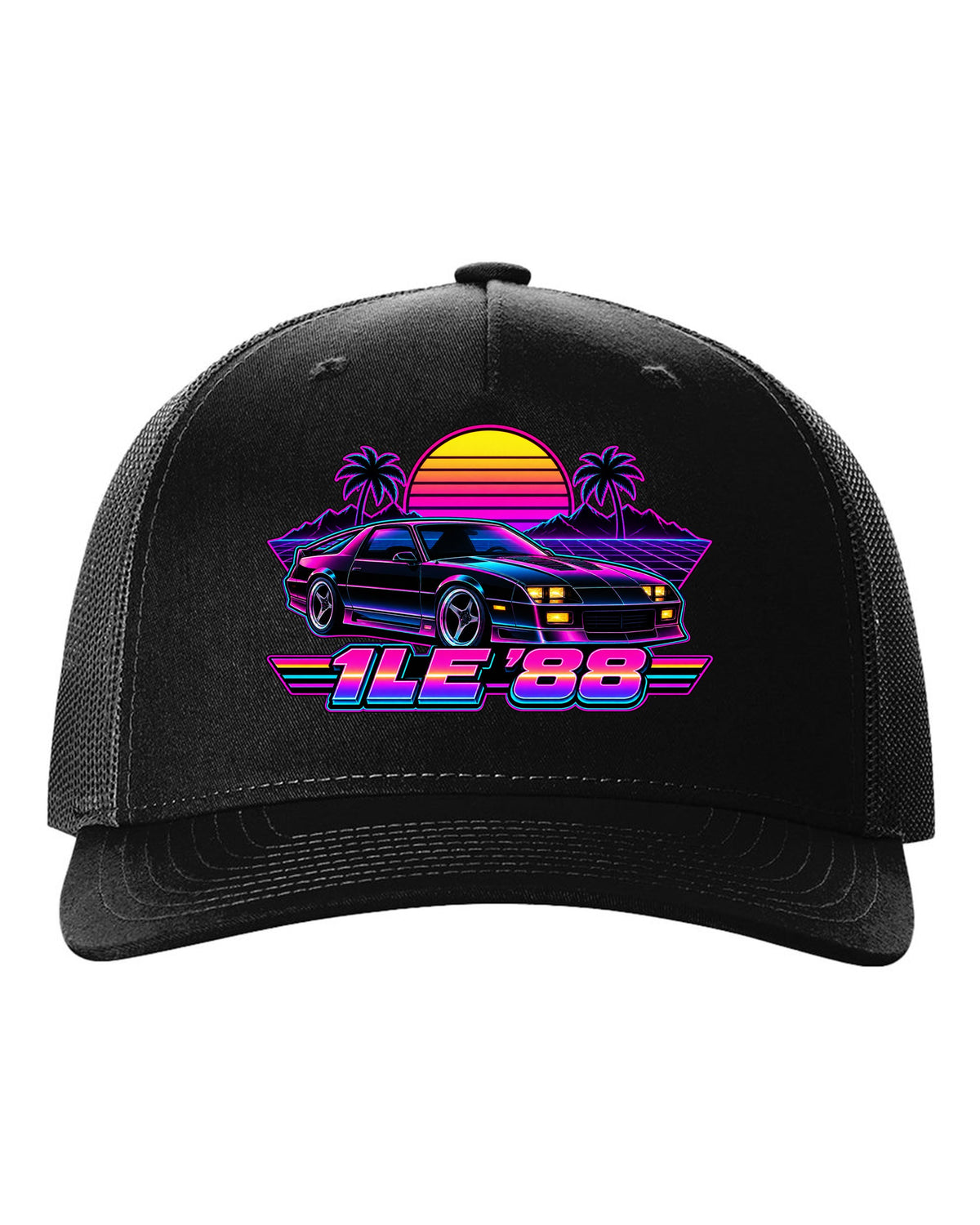 1988 Camaro 1LE third-generation against a synthwave grid horizon with a striped sun and the text 1LE '88 black hat front view with the design
