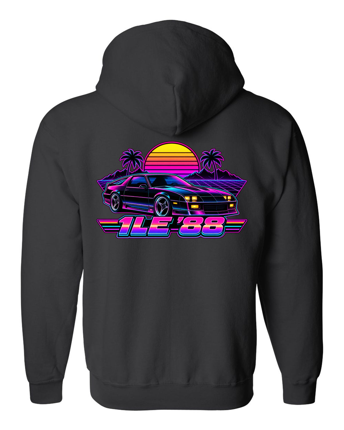 1988 Camaro 1LE third-generation against a synthwave grid horizon with a striped sun and the text 1LE '88 black zip hoodie back view with the design