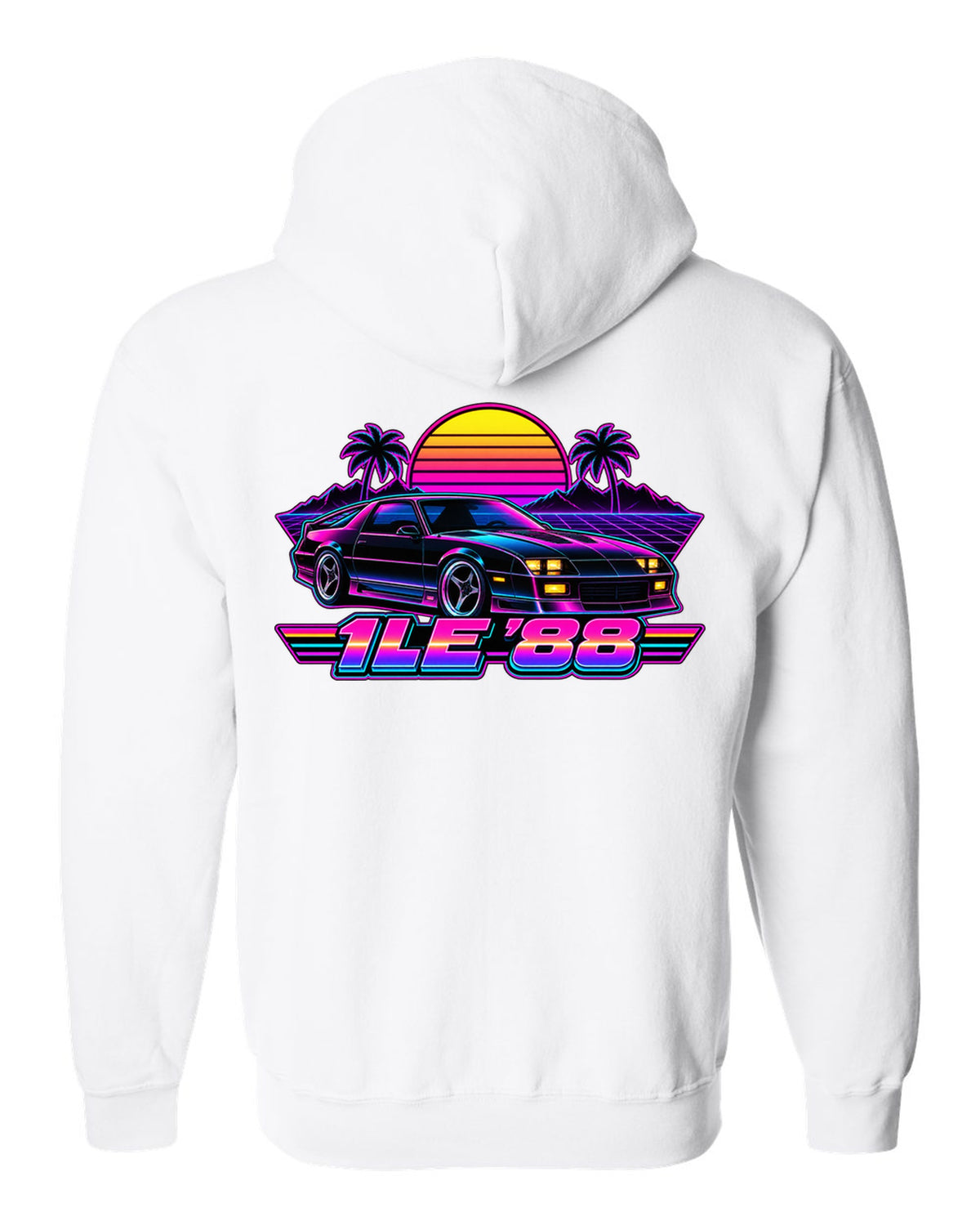 1988 Camaro 1LE third-generation against a synthwave grid horizon with a striped sun and the text 1LE '88 white zip hoodie back view with the design
