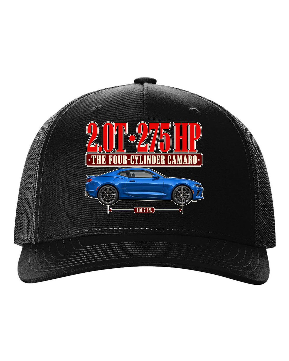 Editorial headline print for a Chevrolet Camaro 2.0T Turbo 1LE black hat front view with the design