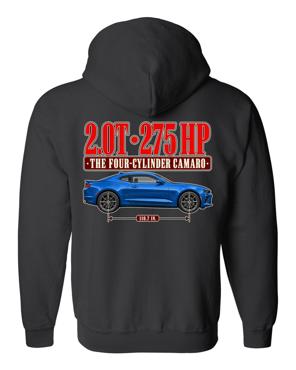 Editorial headline print for a Chevrolet Camaro 2.0T Turbo 1LE black zip hoodie back view with the design