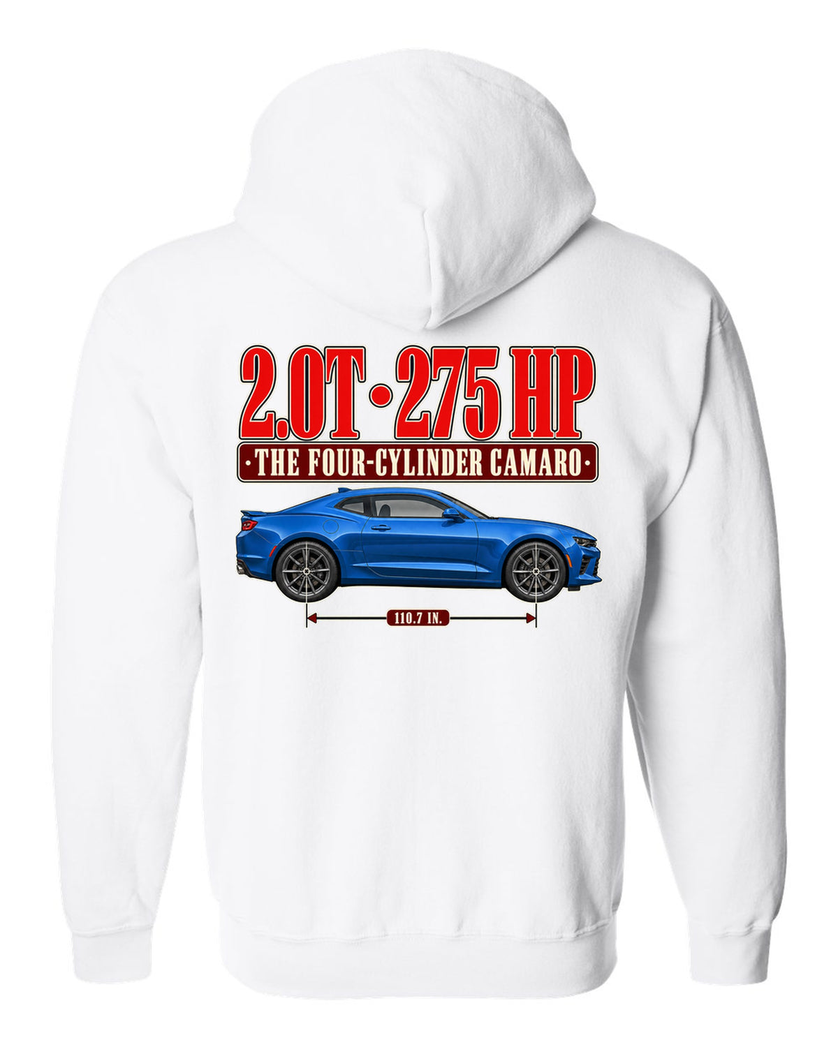 Editorial headline print for a Chevrolet Camaro 2.0T Turbo 1LE white zip hoodie back view with the design