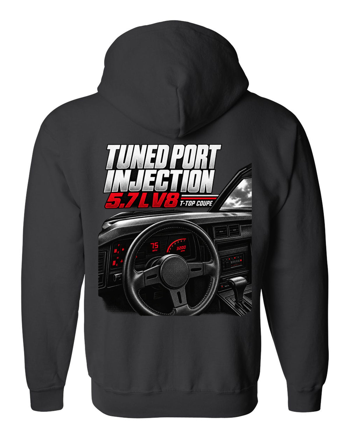 Cockpit and gauge cluster print of a 1988 Chevrolet Camaro IROC-Z with 5.7 L V8 text black zip hoodie back view with the design