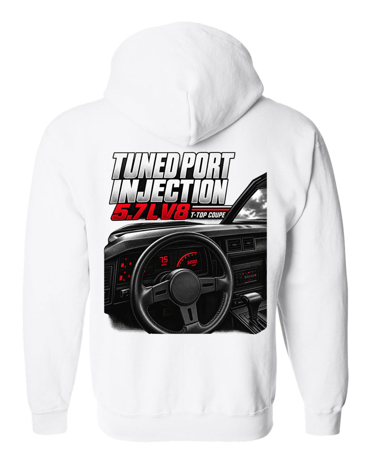 Cockpit and gauge cluster print of a 1988 Chevrolet Camaro IROC-Z with 5.7 L V8 text white zip hoodie back view with the design