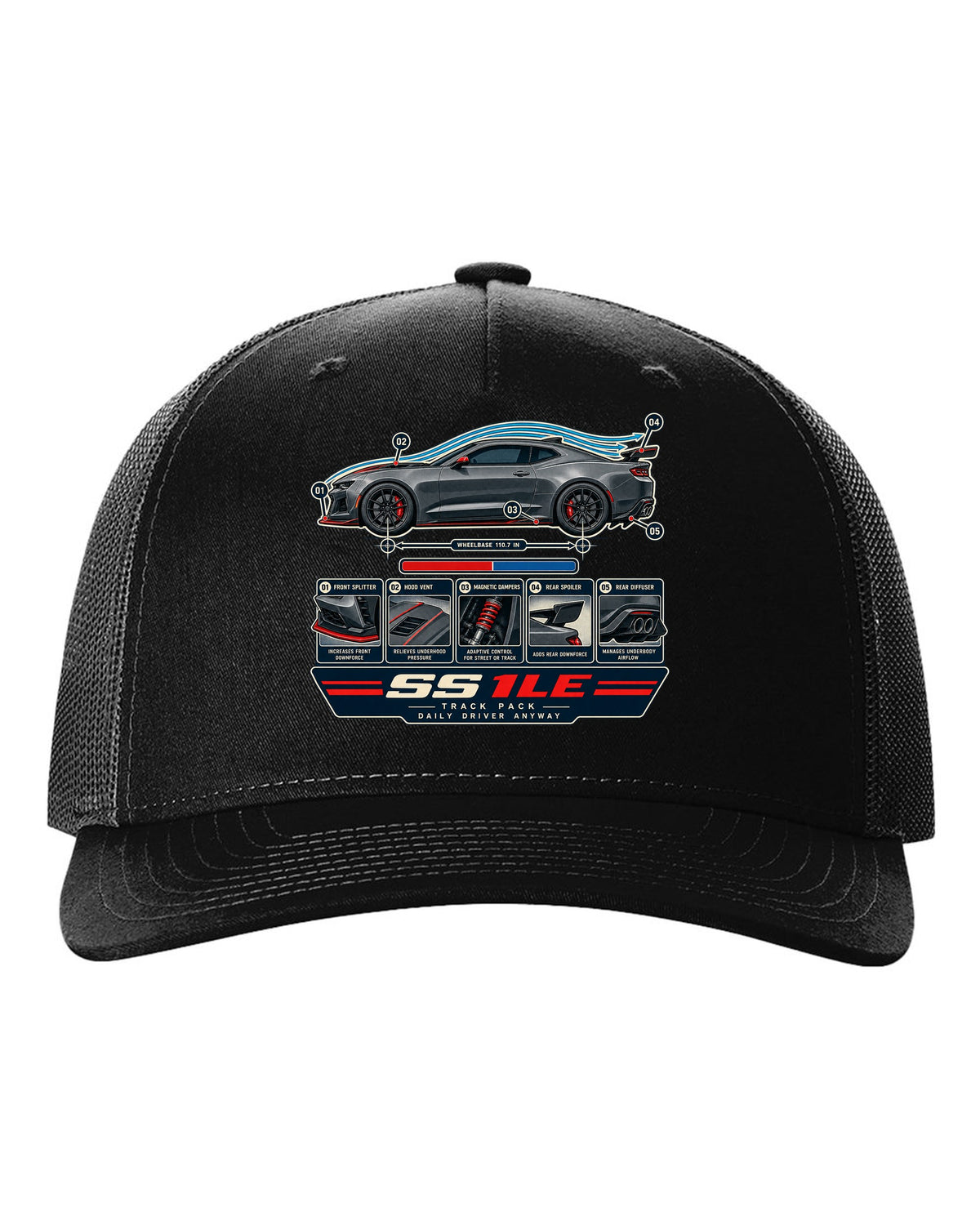 Airflow cutaway print of a 6th generation Chevrolet Camaro SS 1LE black hat front view with the design