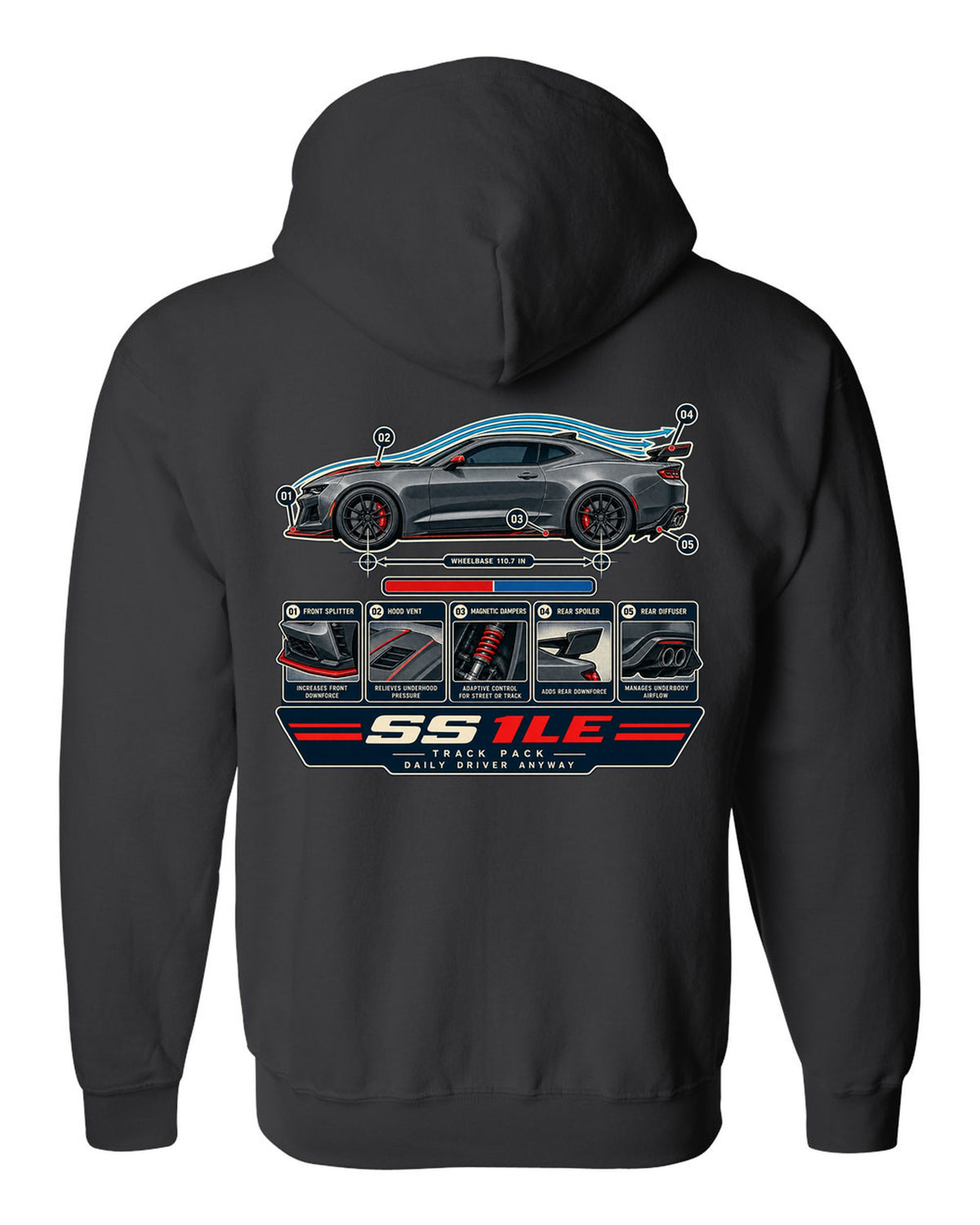 Airflow cutaway print of a 6th generation Chevrolet Camaro SS 1LE black zip hoodie back view with the design