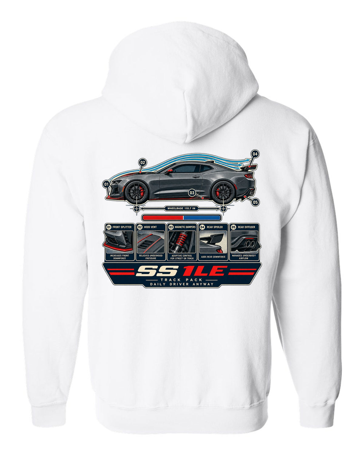 Airflow cutaway print of a 6th generation Chevrolet Camaro SS 1LE white zip hoodie back view with the design