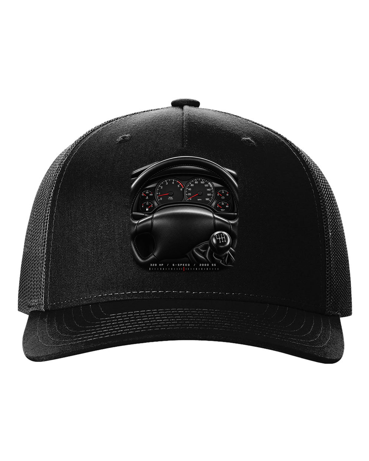 Gauge cluster print of a 2000 fourth-gen Chevrolet Camaro SS with 320 hp and 6-speed text black hat front view with the design