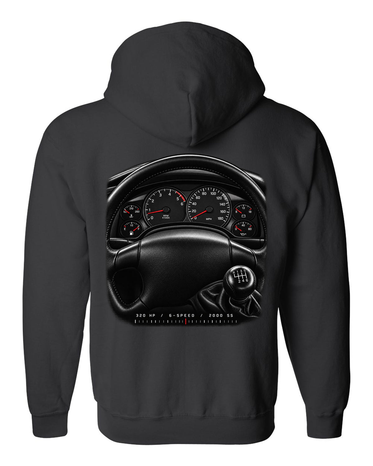 Gauge cluster print of a 2000 fourth-gen Chevrolet Camaro SS with 320 hp and 6-speed text black zip hoodie back view with the design