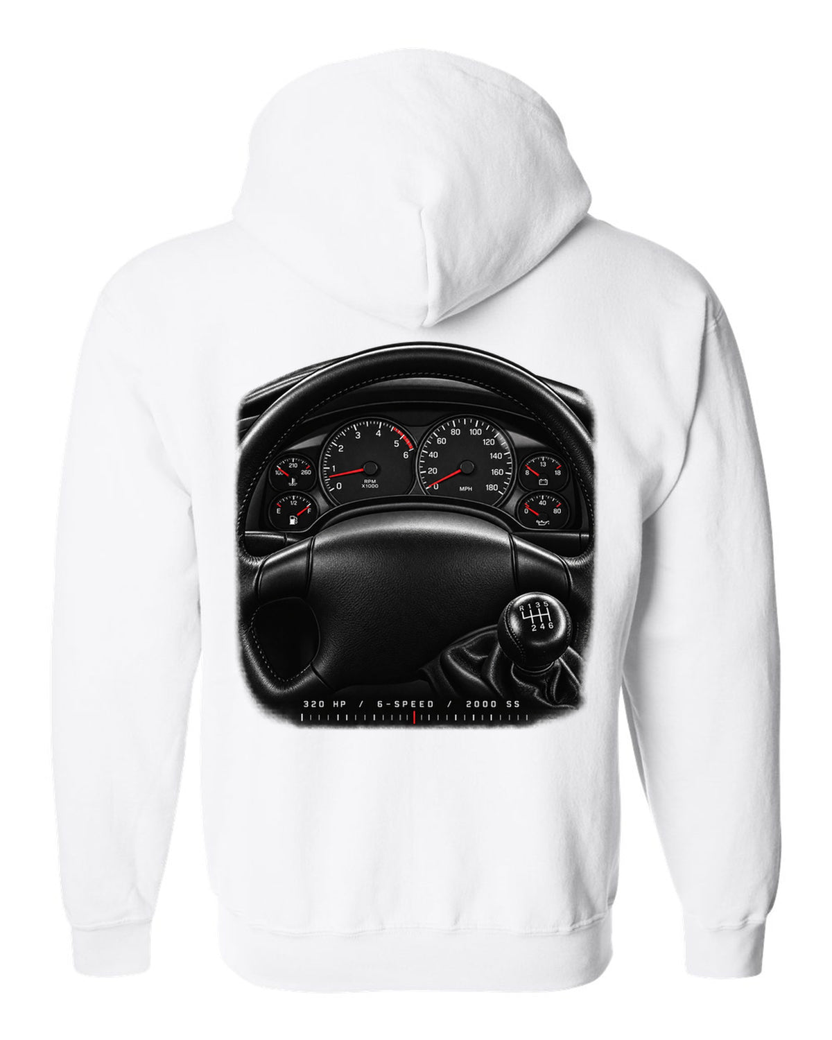 Gauge cluster print of a 2000 fourth-gen Chevrolet Camaro SS with 320 hp and 6-speed text white zip hoodie back view with the design