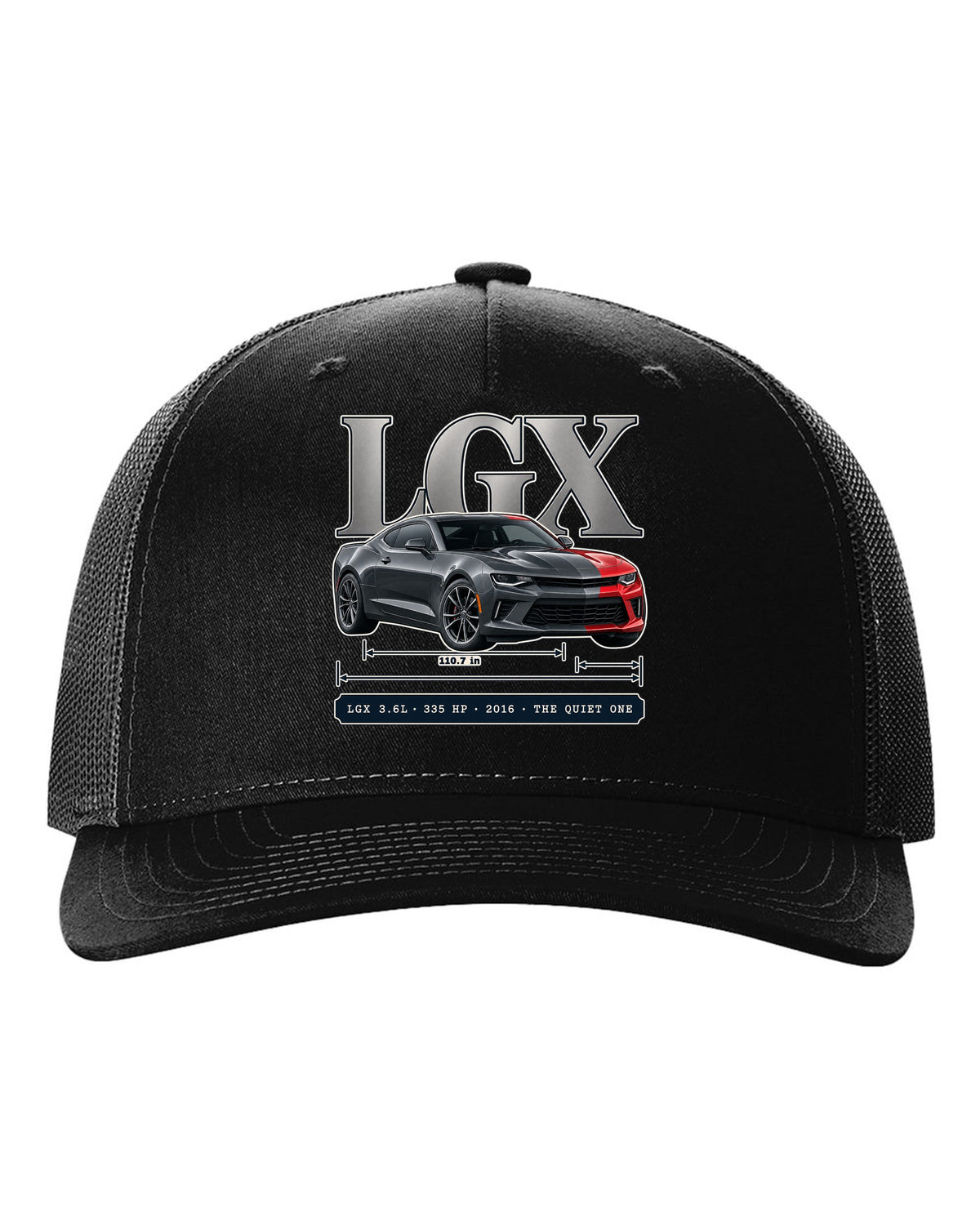 Archive panel print of a 2016 Chevrolet Camaro V6 with LGX 3.6L black hat front view with the design