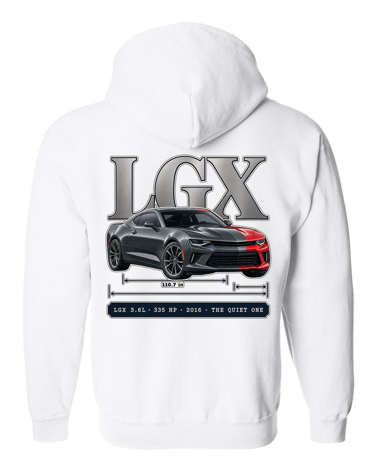 Archive panel print of a 2016 Chevrolet Camaro V6 with LGX 3.6L white zip hoodie back view with the design