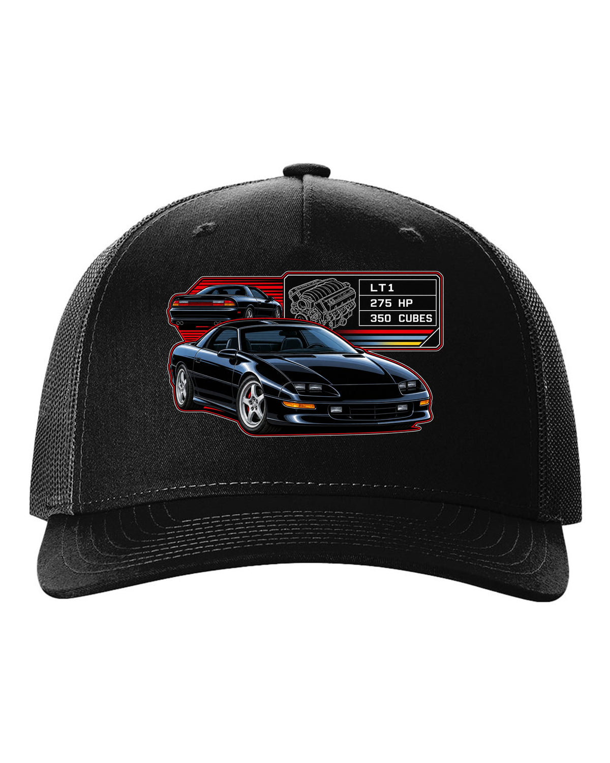 1993 Camaro Z28 fourth-generation spec plate design with the text LT1 275 HP 350 Cubes black hat front view with the design
