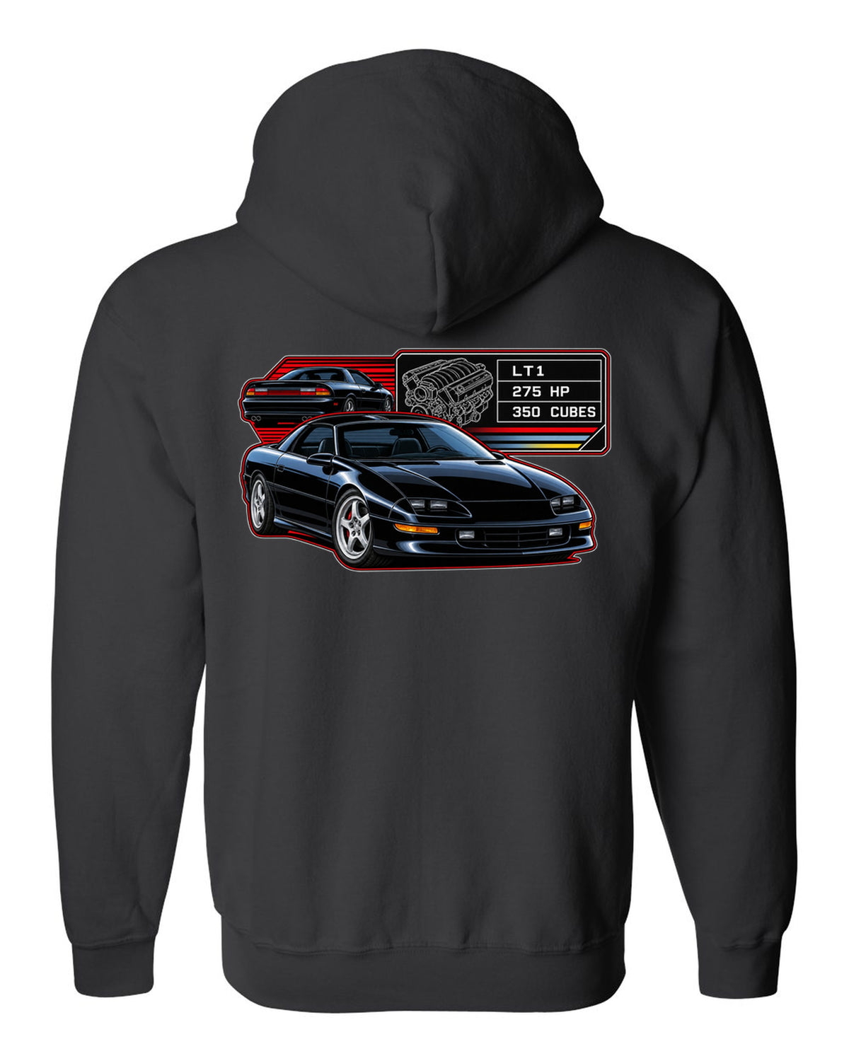 1993 Camaro Z28 fourth-generation spec plate design with the text LT1 275 HP 350 Cubes black zip hoodie back view with the design