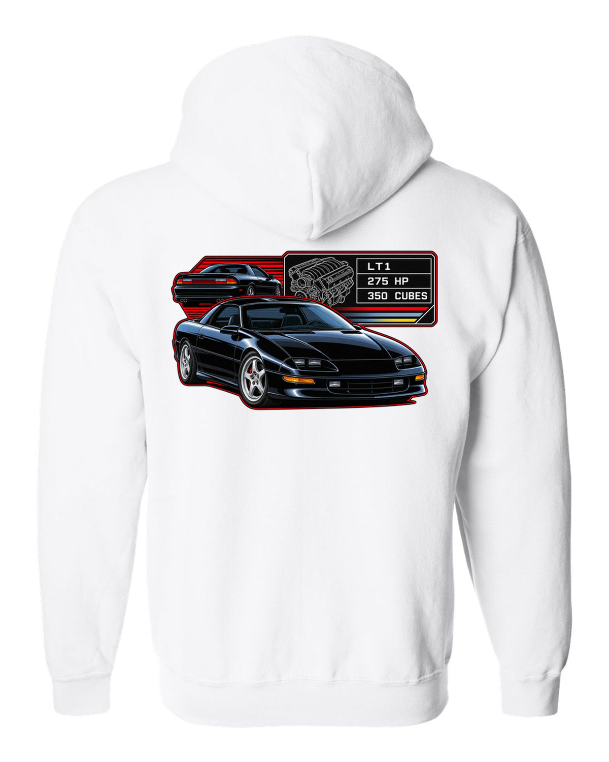 1993 Camaro Z28 fourth-generation spec plate design with the text LT1 275 HP 350 Cubes white zip hoodie back view with the design