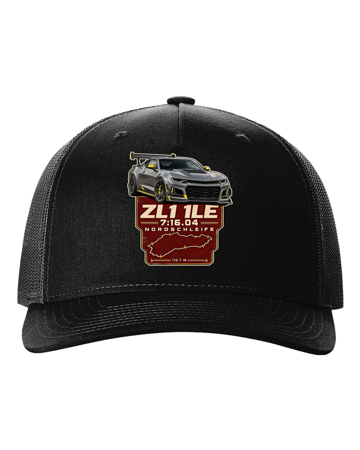 Lap time poster print of a Chevrolet Camaro ZL1 1LE black hat front view with the design