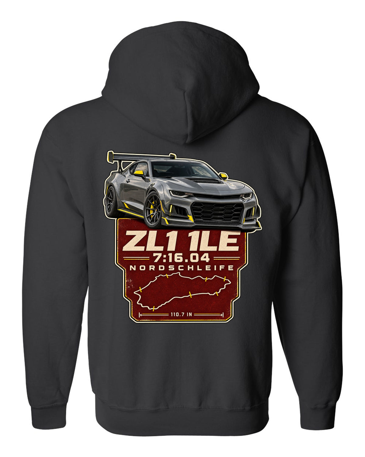 Lap time poster print of a Chevrolet Camaro ZL1 1LE black zip hoodie back view with the design