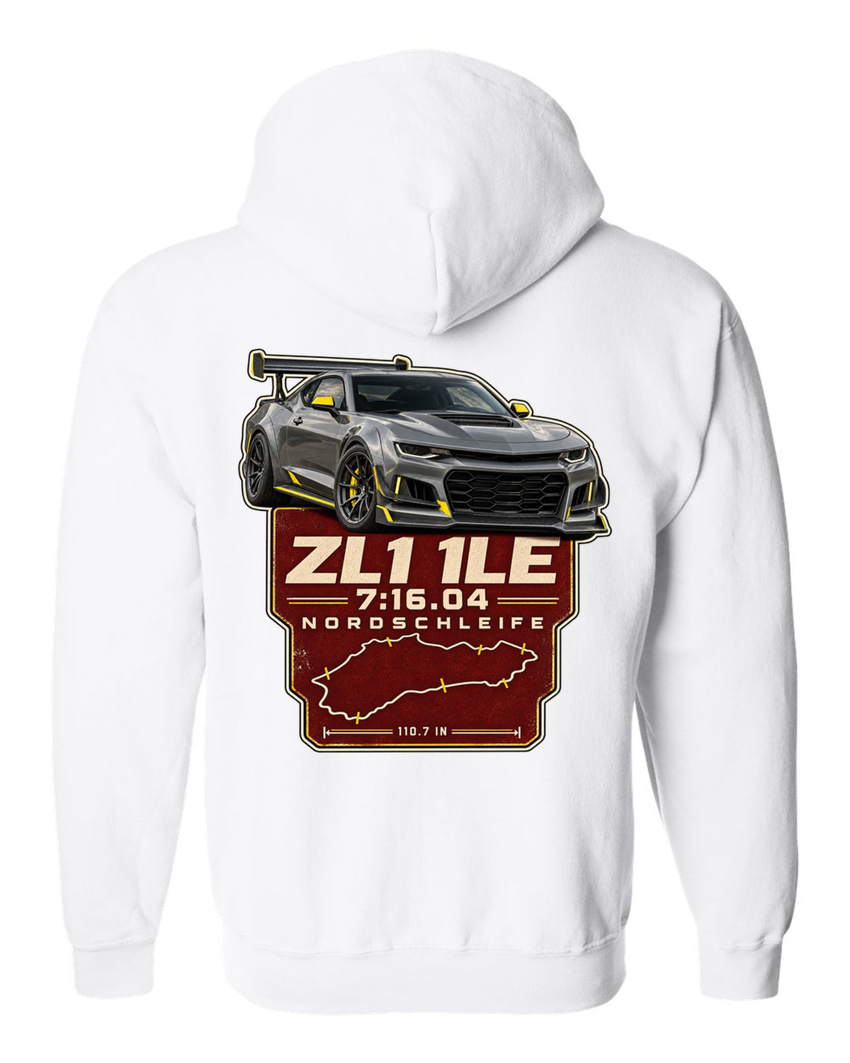 Lap time poster print of a Chevrolet Camaro ZL1 1LE white zip hoodie back view with the design