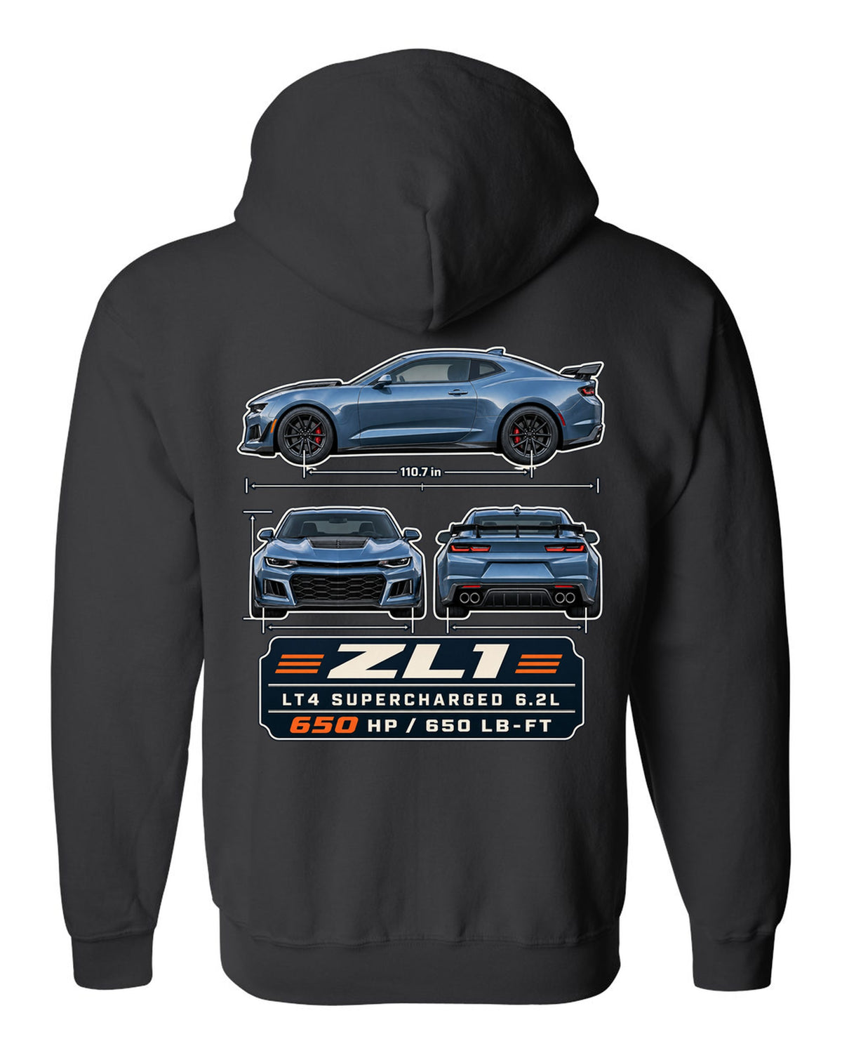 Three-view plate print of a 6th generation Chevrolet Camaro ZL1 black zip hoodie back view with the design