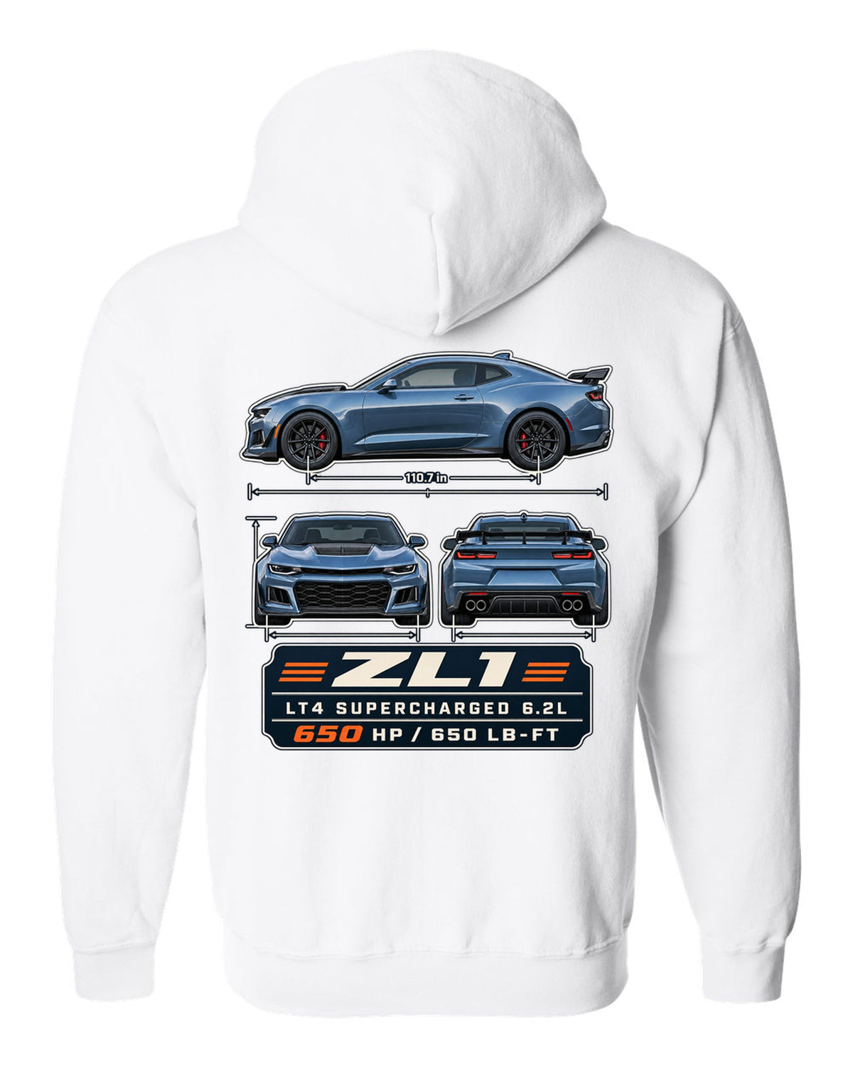 Three-view plate print of a 6th generation Chevrolet Camaro ZL1 white zip hoodie back view with the design