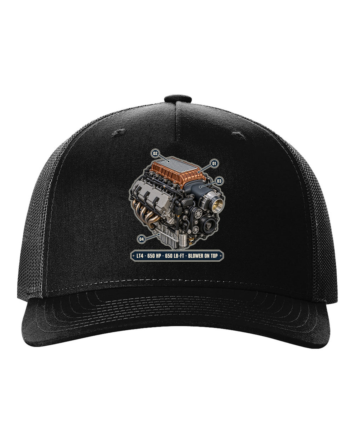Camaro ZL1 LT4 supercharged engine bay poster print black hat front view with the design