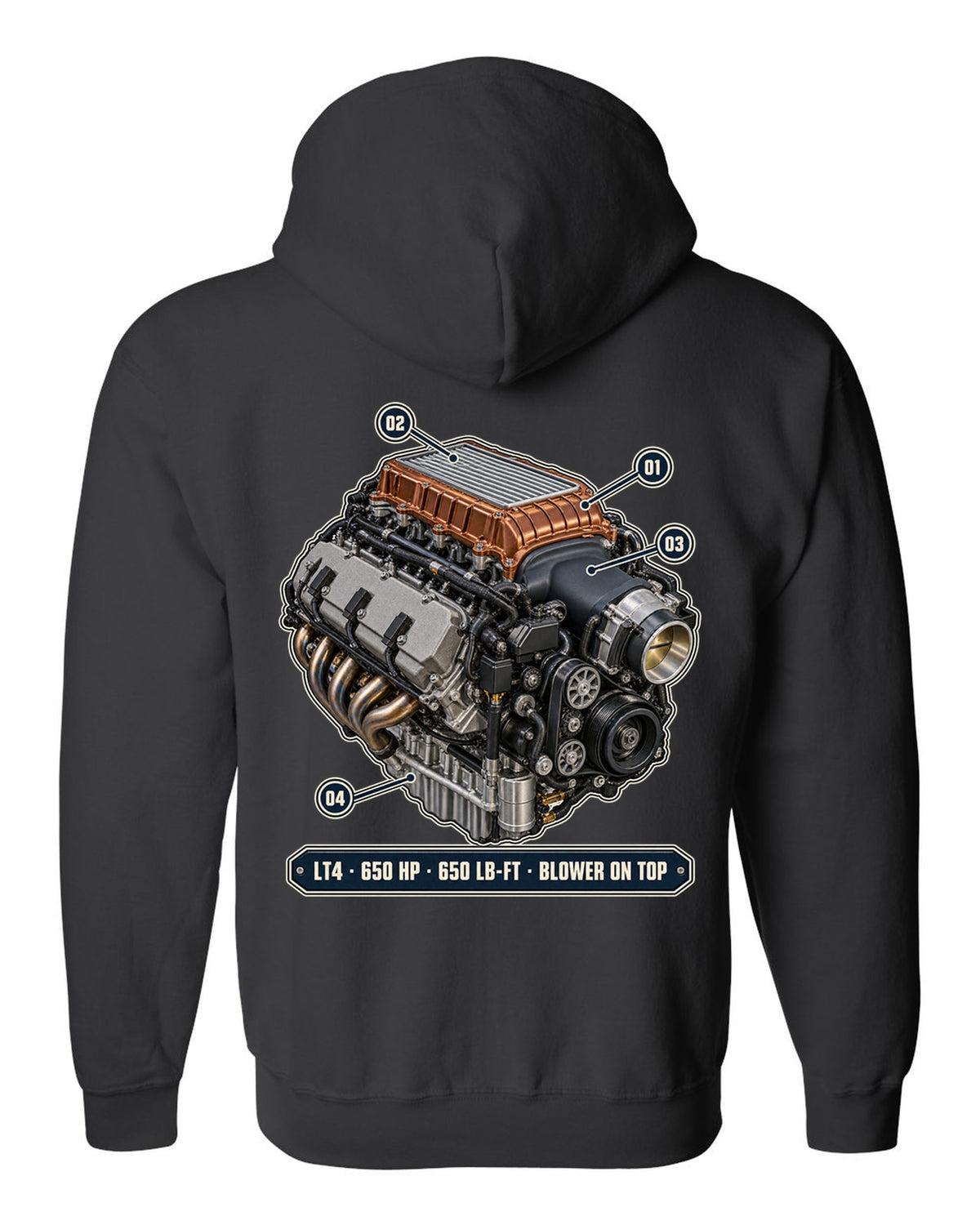 Camaro ZL1 LT4 supercharged engine bay poster print black zip hoodie back view with the design