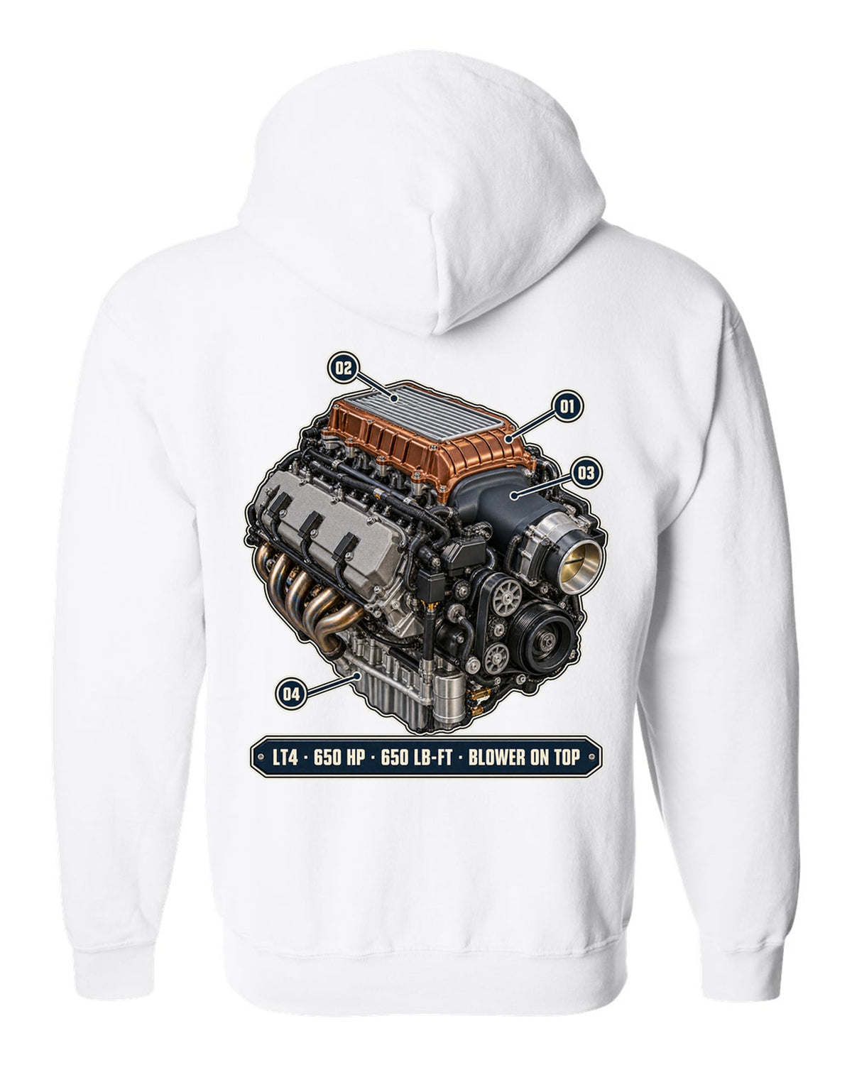 Camaro ZL1 LT4 supercharged engine bay poster print white zip hoodie back view with the design
