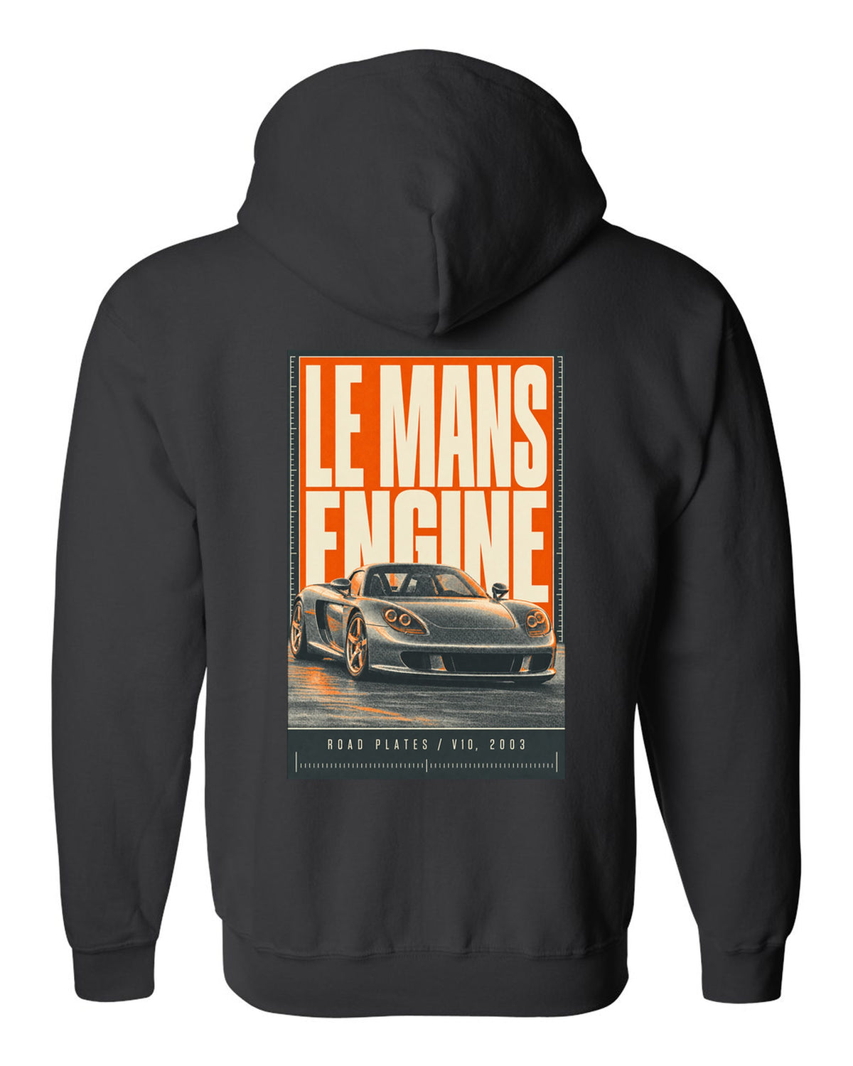 Porsche Carrera GT halftone statement print design black zip hoodie back view with the design