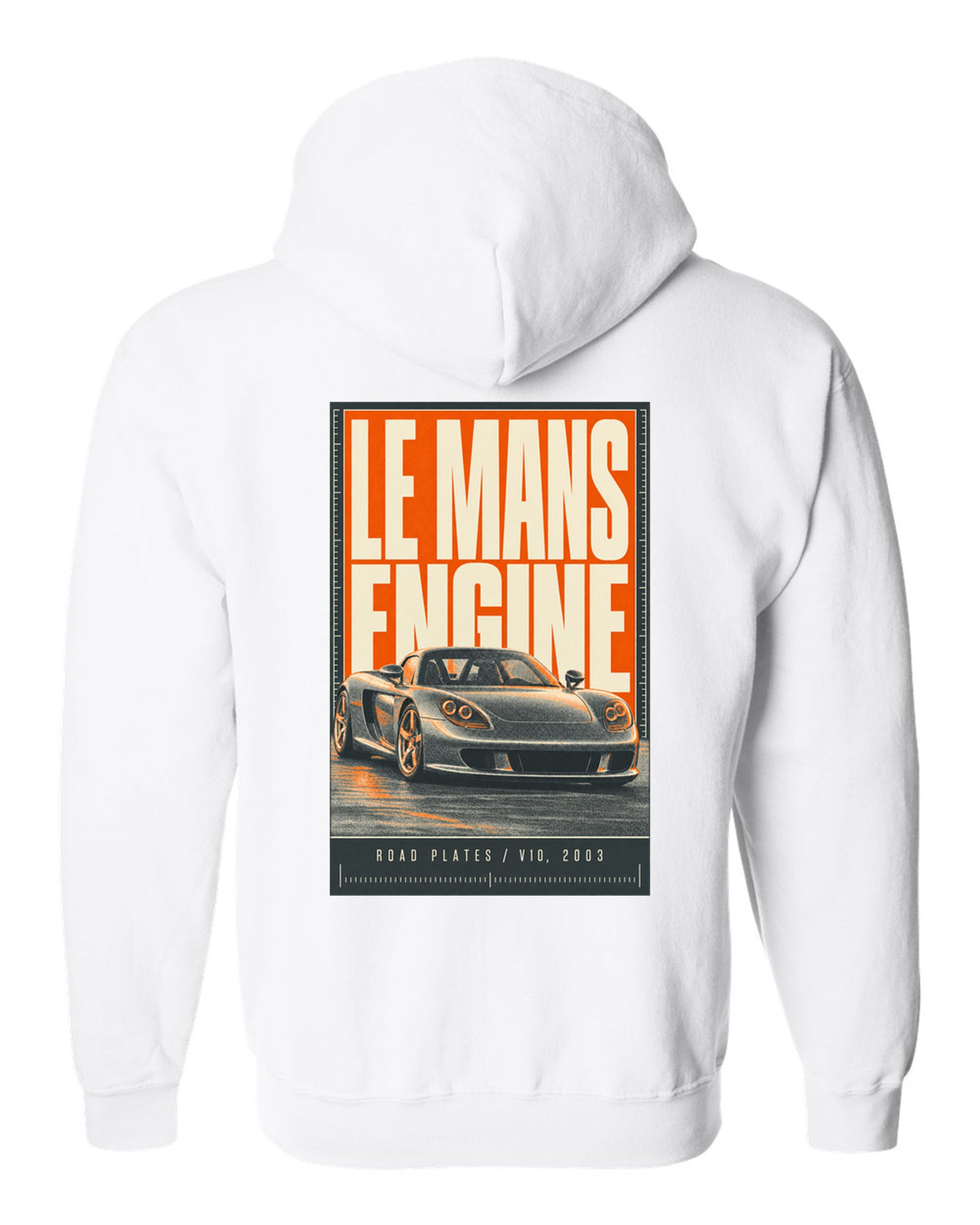 Porsche Carrera GT halftone statement print design white zip hoodie back view with the design