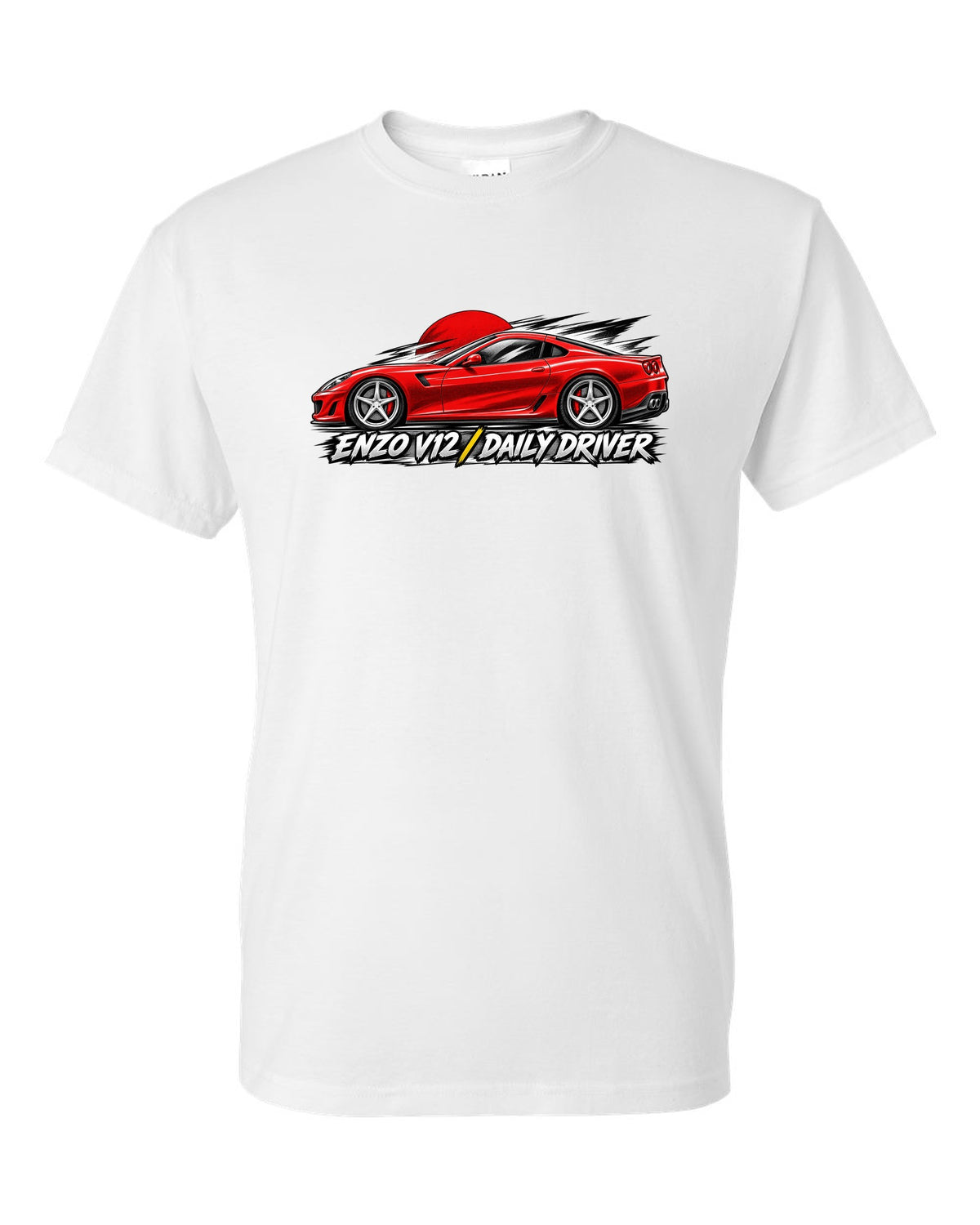 Retro manga halftone panel print of a Ferrari 599 GTB with Enzo V12 and Daily Driver lettering white t-shirt front view with the design
